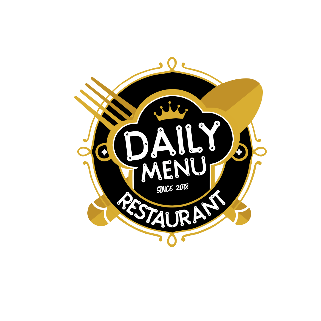 Logo with a gold spoon and fork, a crown, and text reading 'Daily Menu Restaurant' on a black background.