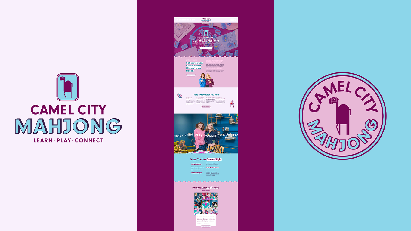 Three sections with logos and text for Camel City Mahjong, including a circular logo and a vertical banner, colorful backgrounds.