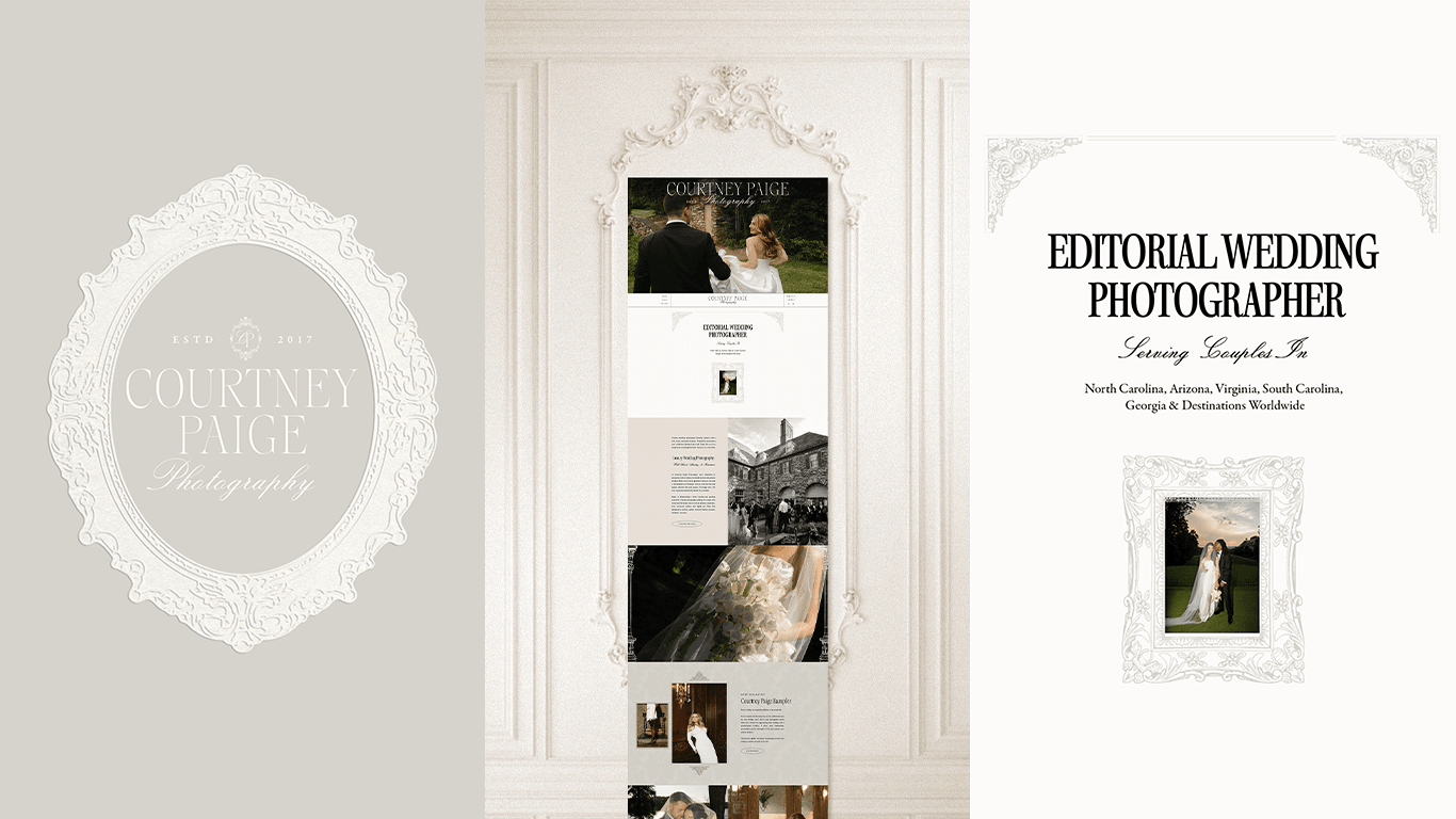 Wedding magazine spread with elegant white background, text, and images of a couple, flowers, and wedding scenes.