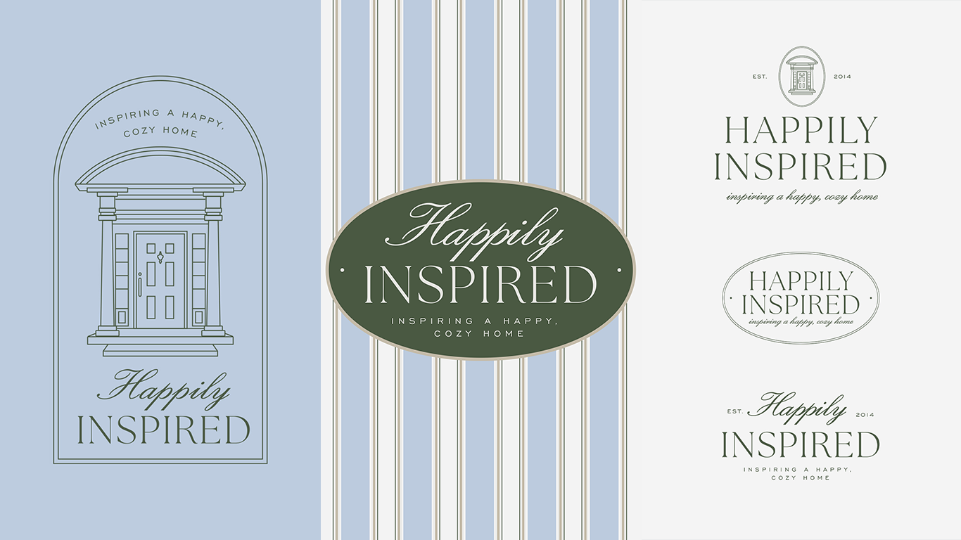 Three designs with text 'Happily Inspired' and decorative elements, in blue, white, and gray tones.