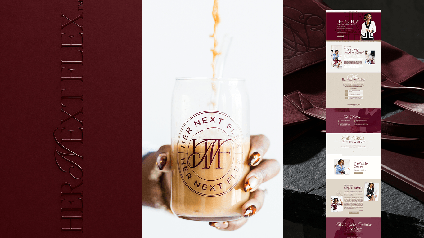 A hand holding a glass with a logo, coffee pouring into the glass, background with maroon and white colors.