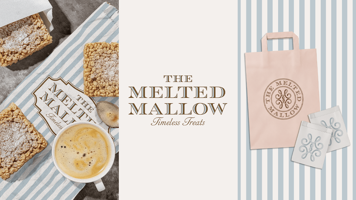 Three slices of baked goods, a cup of coffee, and a box of treats on striped cloth, with a sign reading 'The Melted Mallow' in the center, and a pink bag and box on the right.