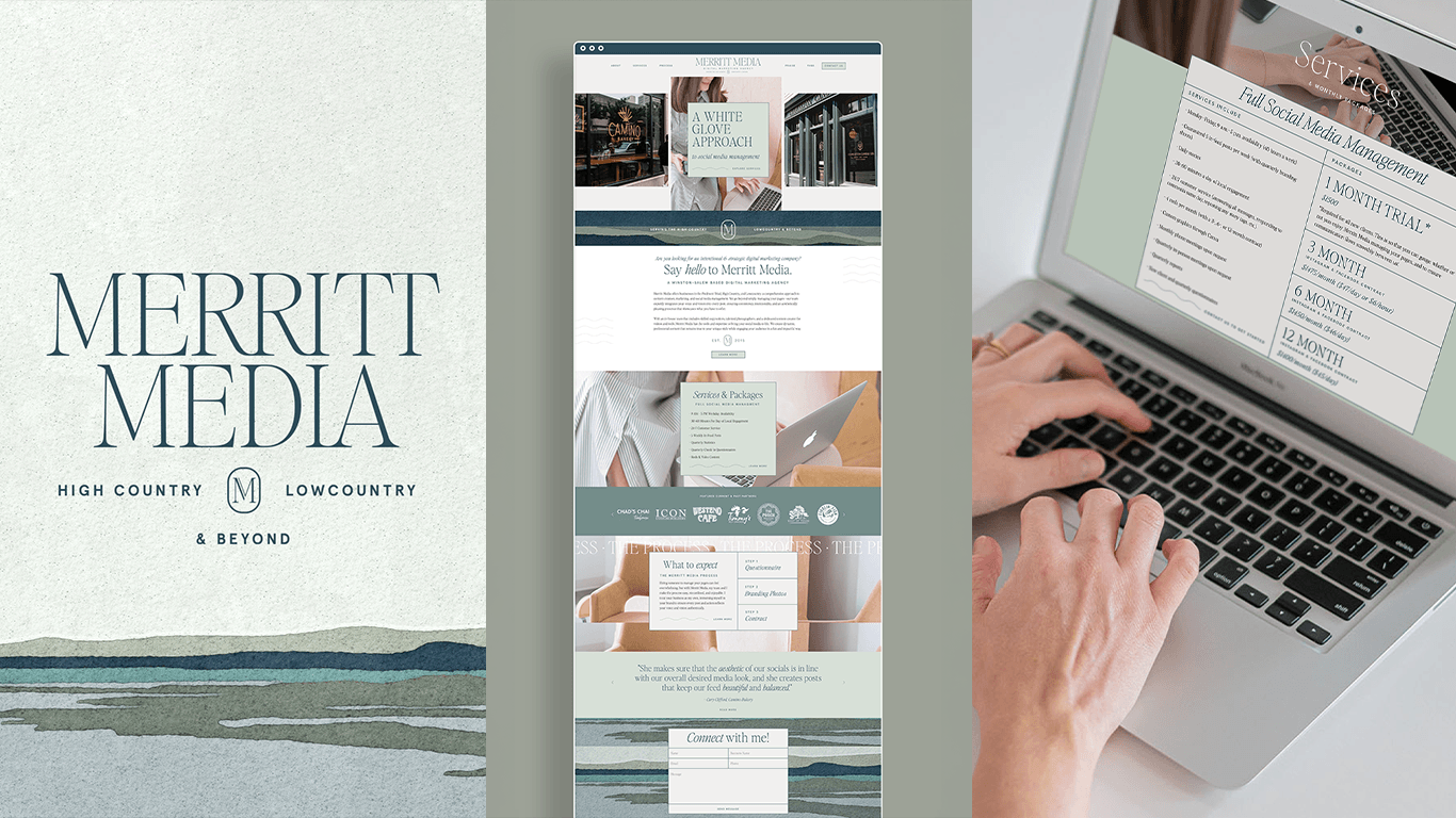 Three images: a brochure cover with 'MERRITT MEDIA' text, a website layout, and a person typing on a laptop.