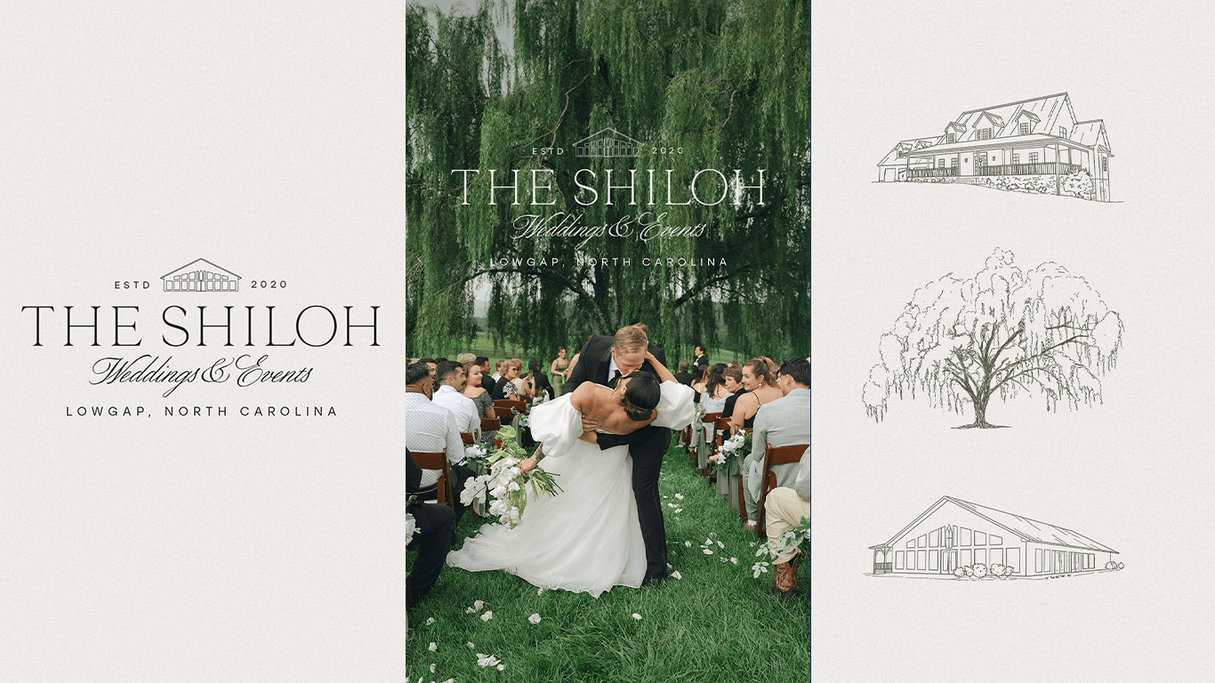 Wedding couple dancing outdoors with guests, trees, and greenery in background, wedding banners, and sketches of buildings and trees, 20 words.