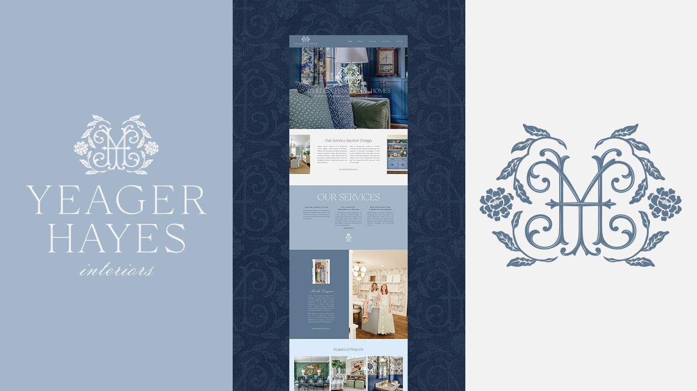 Design with light blue background, logo, and interior images for Yeager Hayes, a real estate company.
