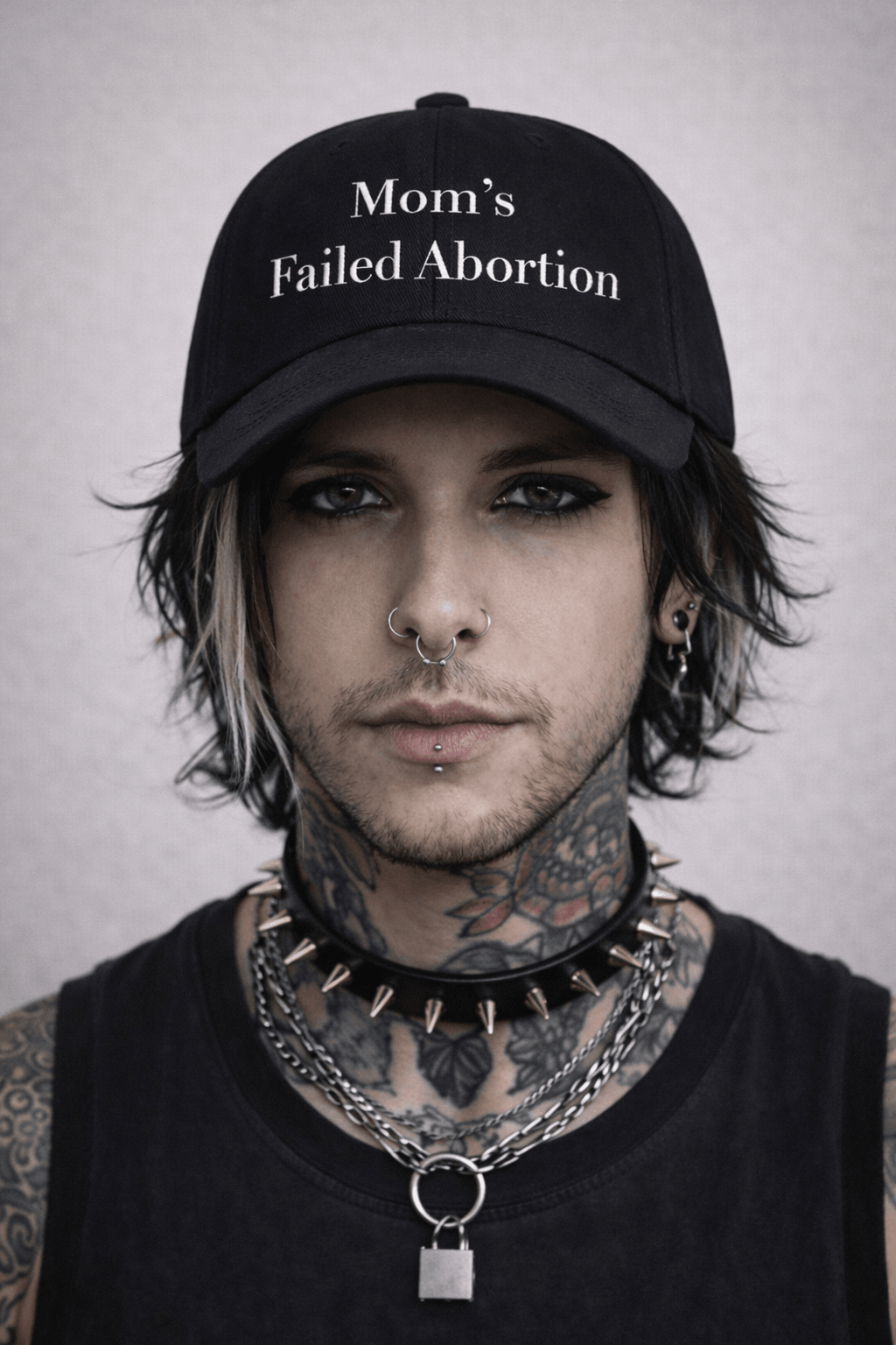 Person with dark hair, wearing a black cap with white text, multiple necklaces, and tattoos visible on neck and chest.