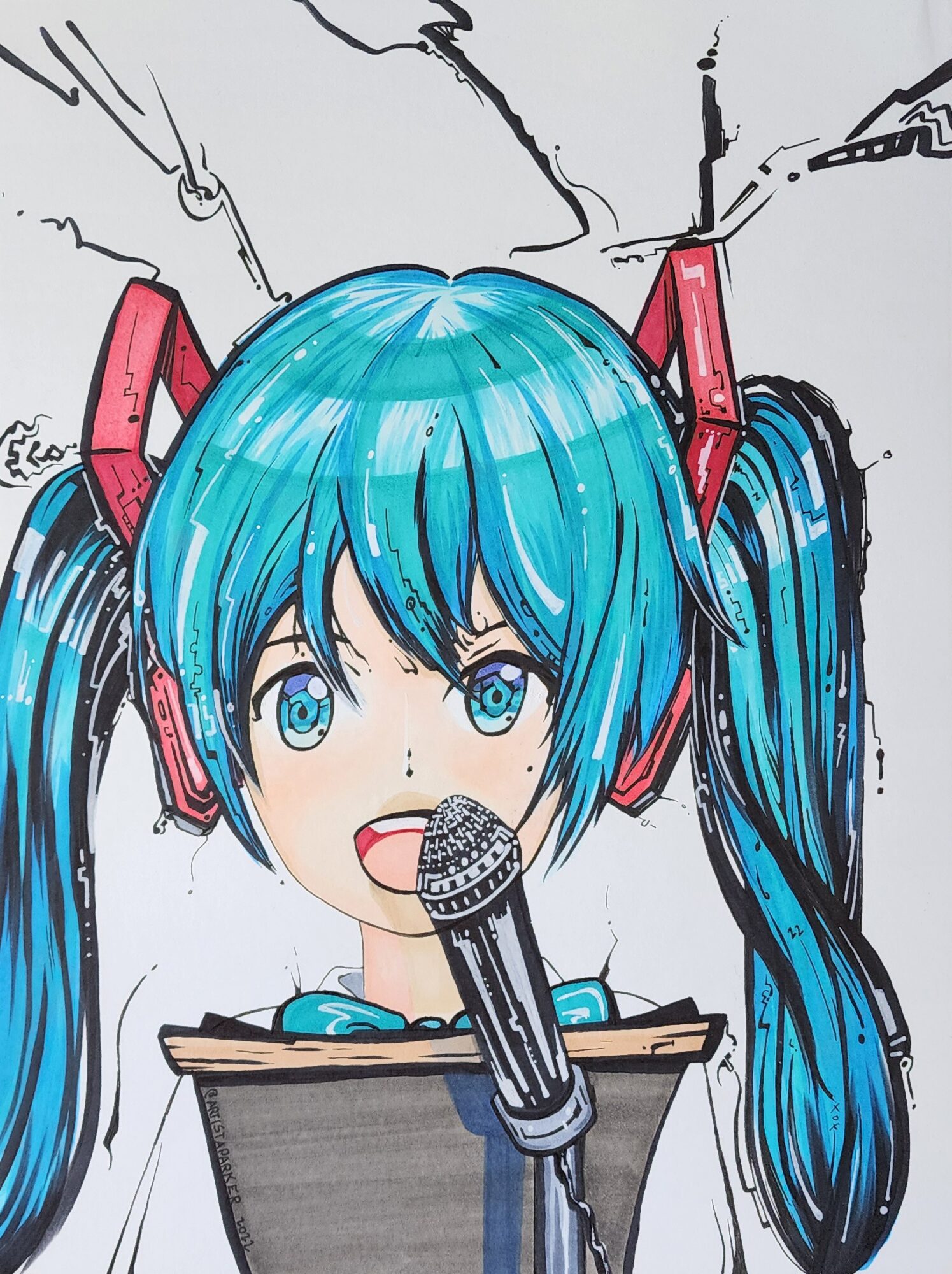 Anime-style girl with blue hair and headphones singing into a microphone, with a sketchy background.