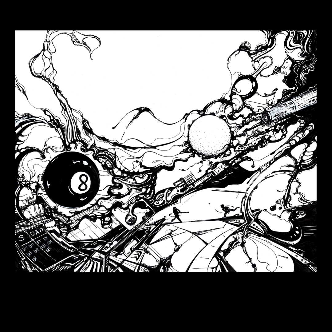 Black and white abstract scene with an 8-ball, swirling lines, and geometric shapes, resembling a surreal landscape or cosmic environment.
