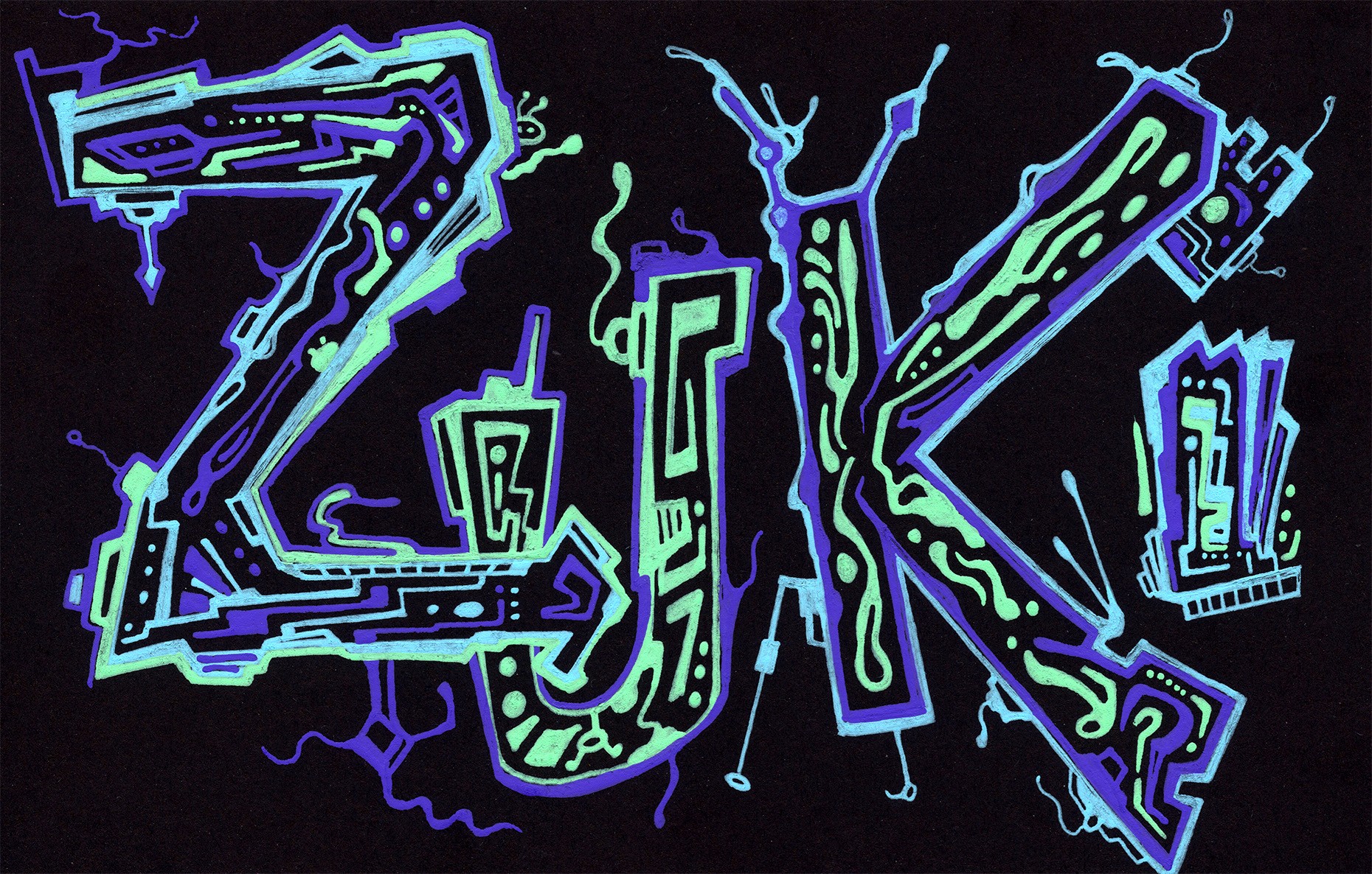 Neon-style graffiti art spelling 'ZUK' with vibrant blue, green, and purple colors on a black background.