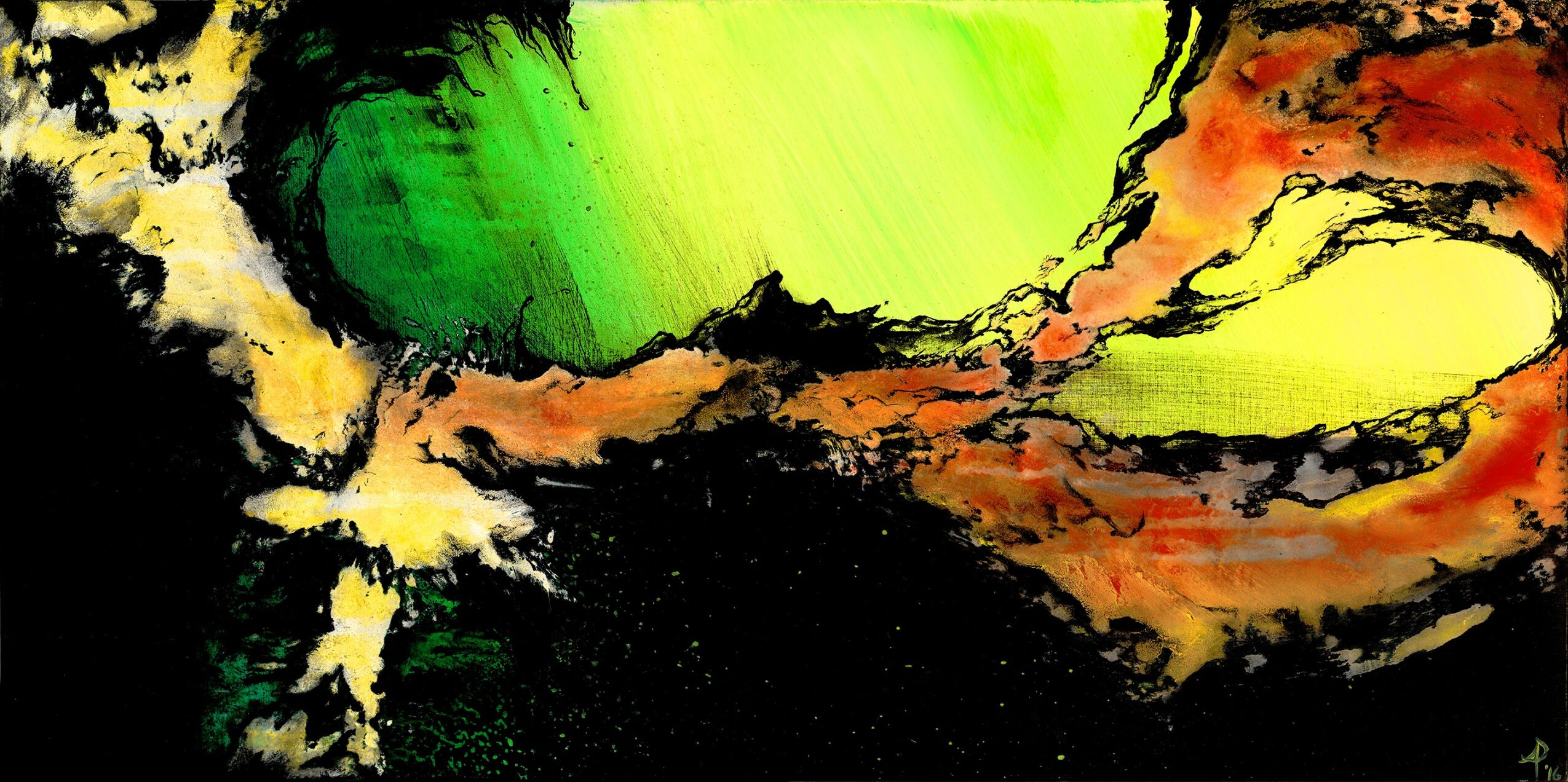 Abstract painting with green, yellow, orange, and black colors blending and flowing together.