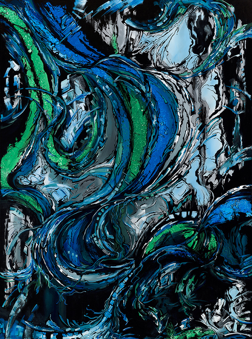 Abstract painting with swirling blue, green, black, and white colors creating dynamic patterns.