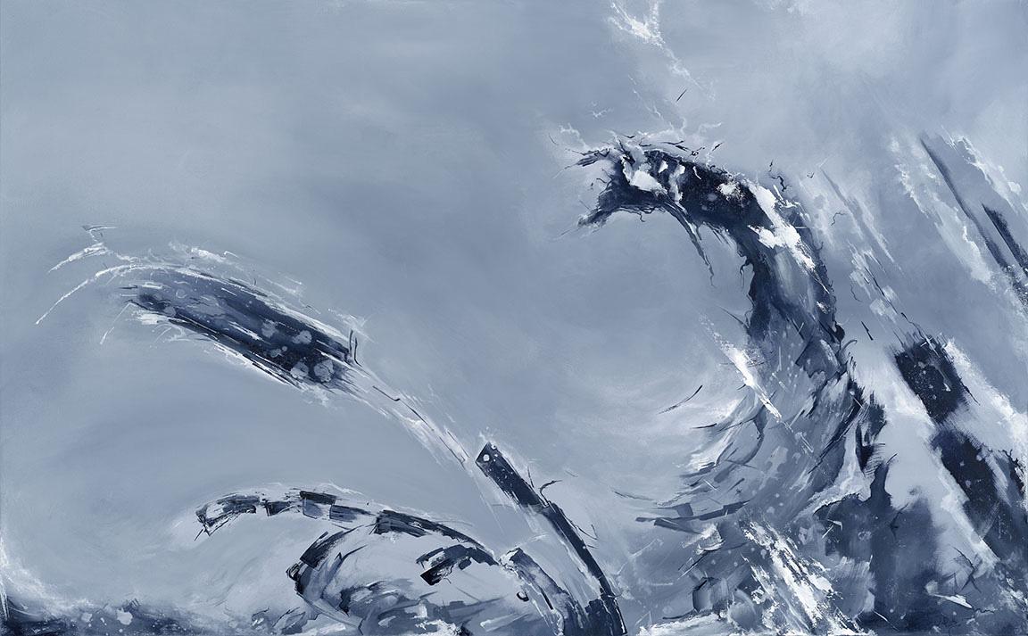 Abstract painting with dark, curved shapes and brushstrokes on a light blue background.