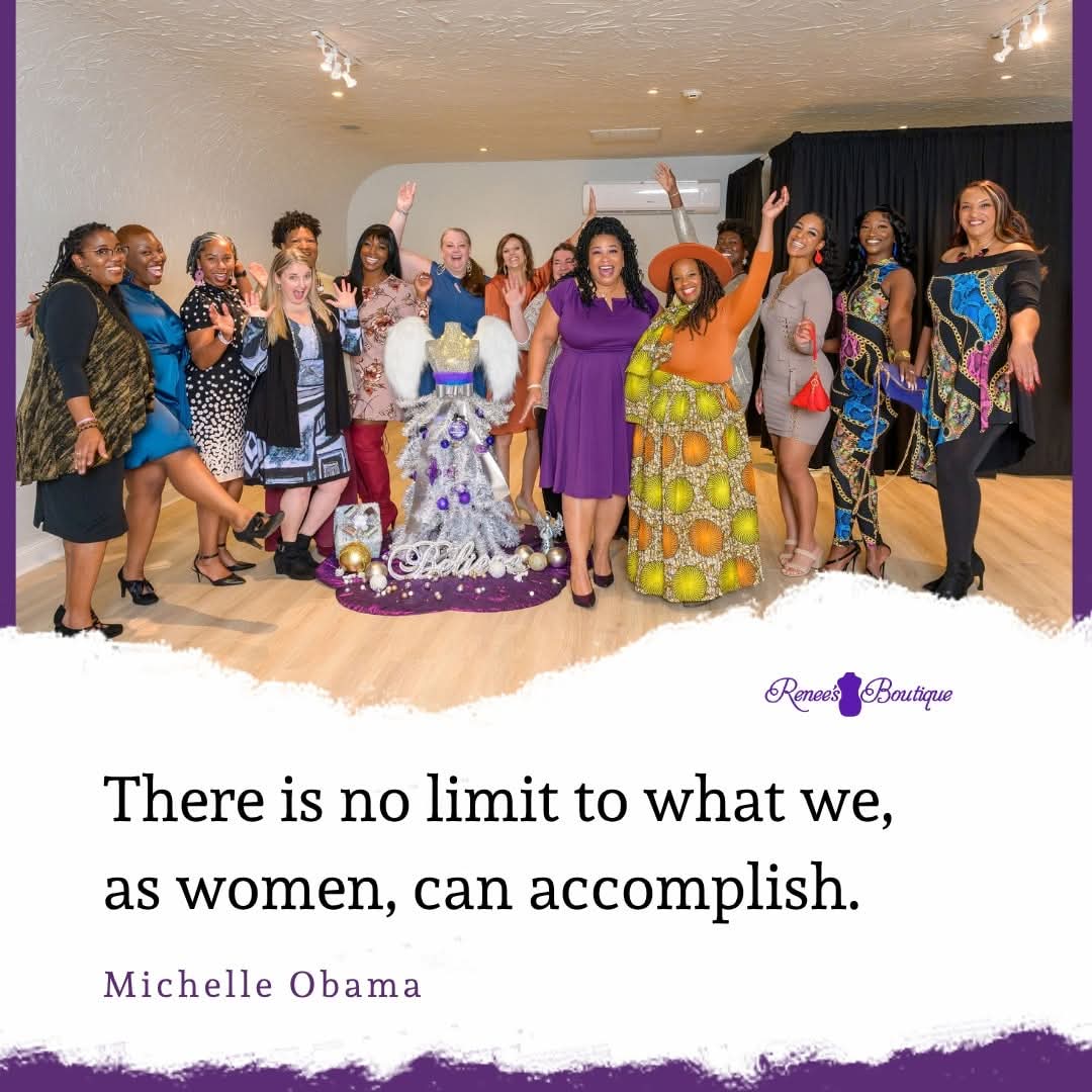 Group of women standing together on stage, some wearing colorful dresses, with a cake in front, celebrating. Text: 'There is no limit to what we, as women, can accomplish.'