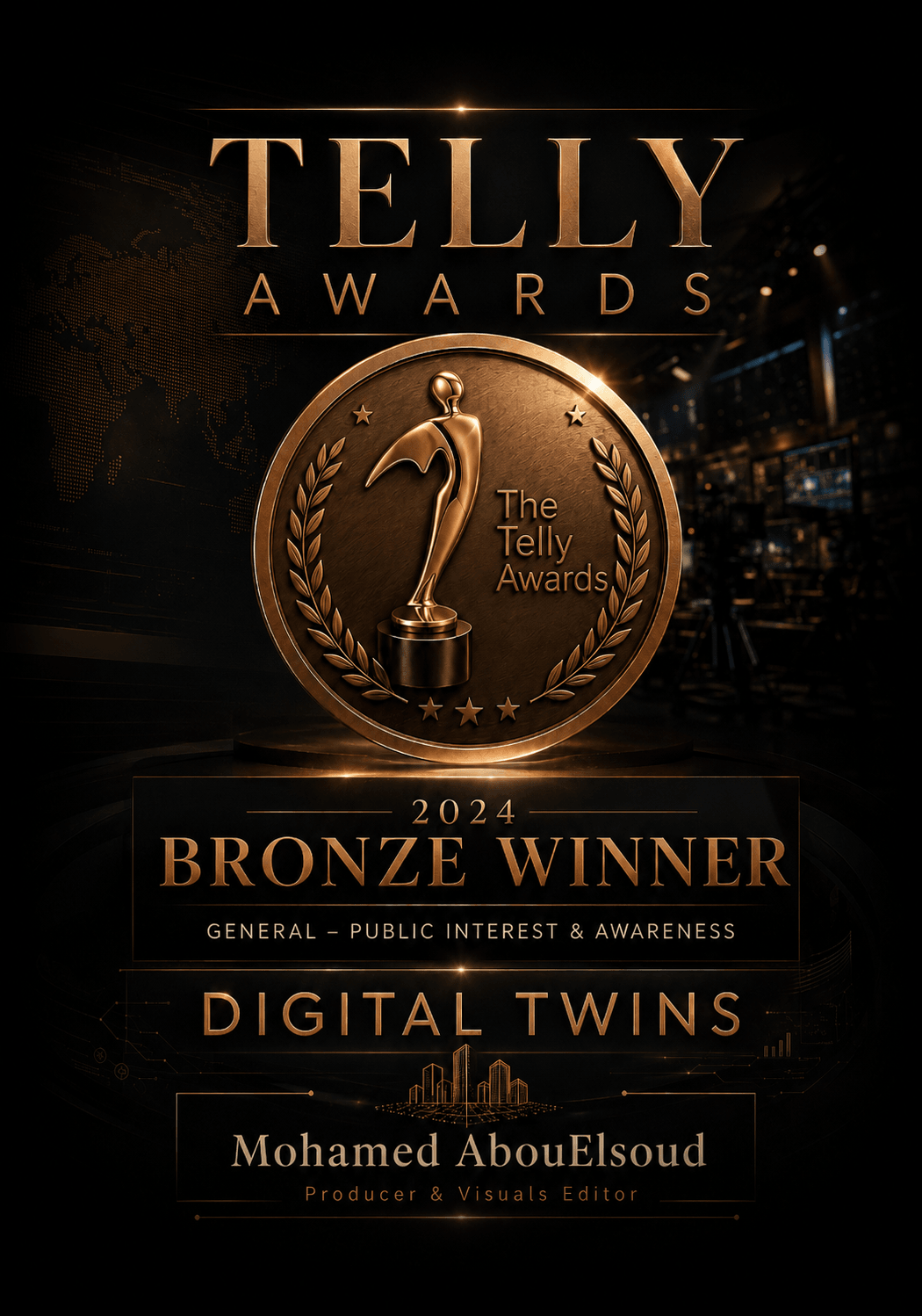 Award plaque with Telly Awards logo, bronze winner 2024, digital twins, Mohamed AbouElsoud, producer and visual effects, black background.