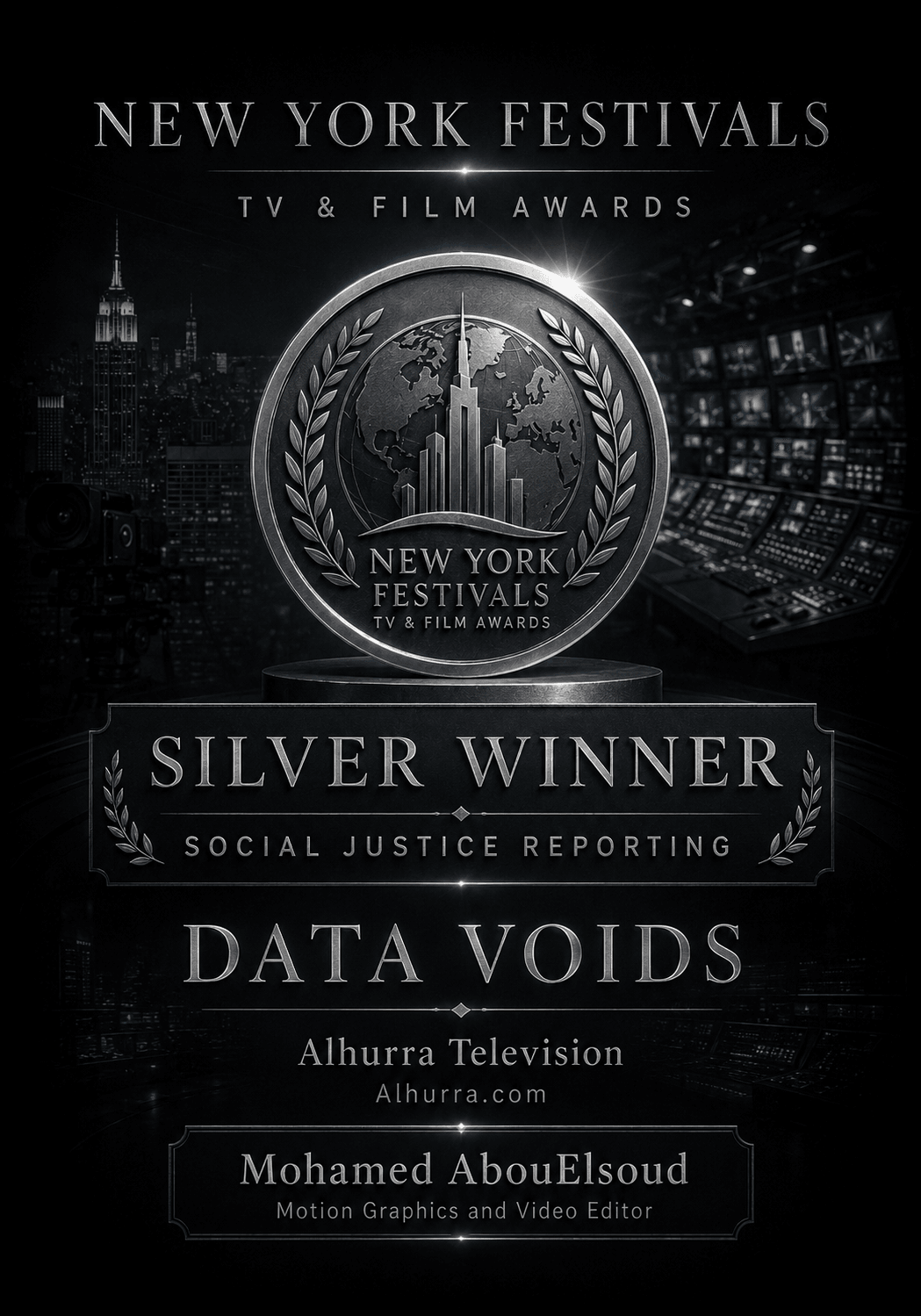 Award certificate for Data Voids, Silver Winner at New York Festivals TV & Film Awards, presented by Alhurra Television, with logos and cityscape background.