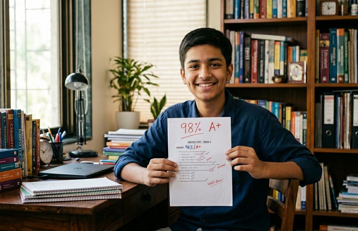 Young person smiling and holding a paper with a grade of 98% and A+ in a room with books and a window.