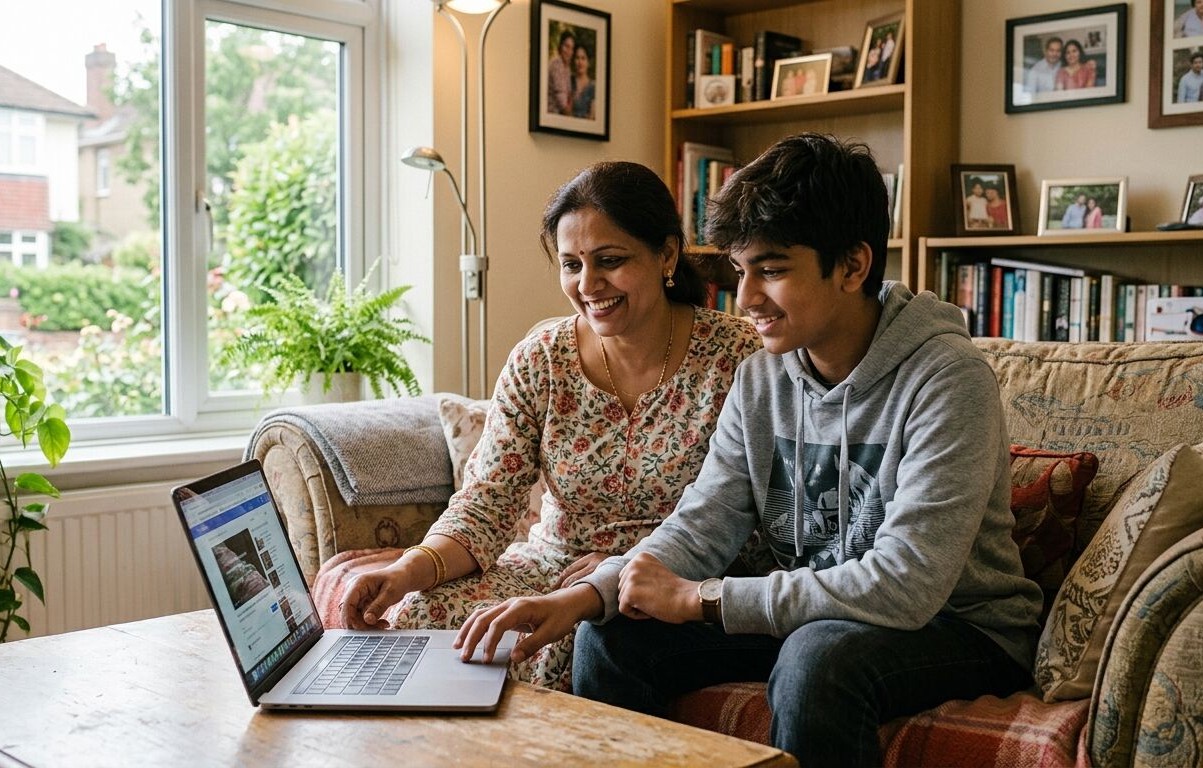 A woman and a young man sit on a sofa, looking at a laptop together in a cozy living room.