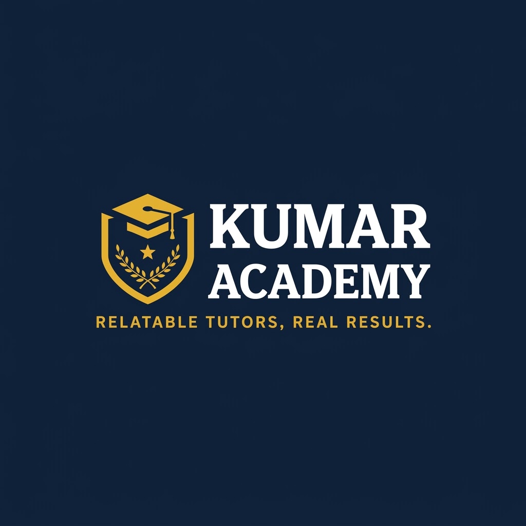 Kumar Academy logo with shield, graduation cap, and text, on a dark background.