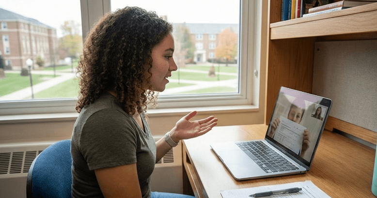 Woman with curly hair sitting at a desk, engaging in a video call on a laptop, with a window showing a campus view behind her.