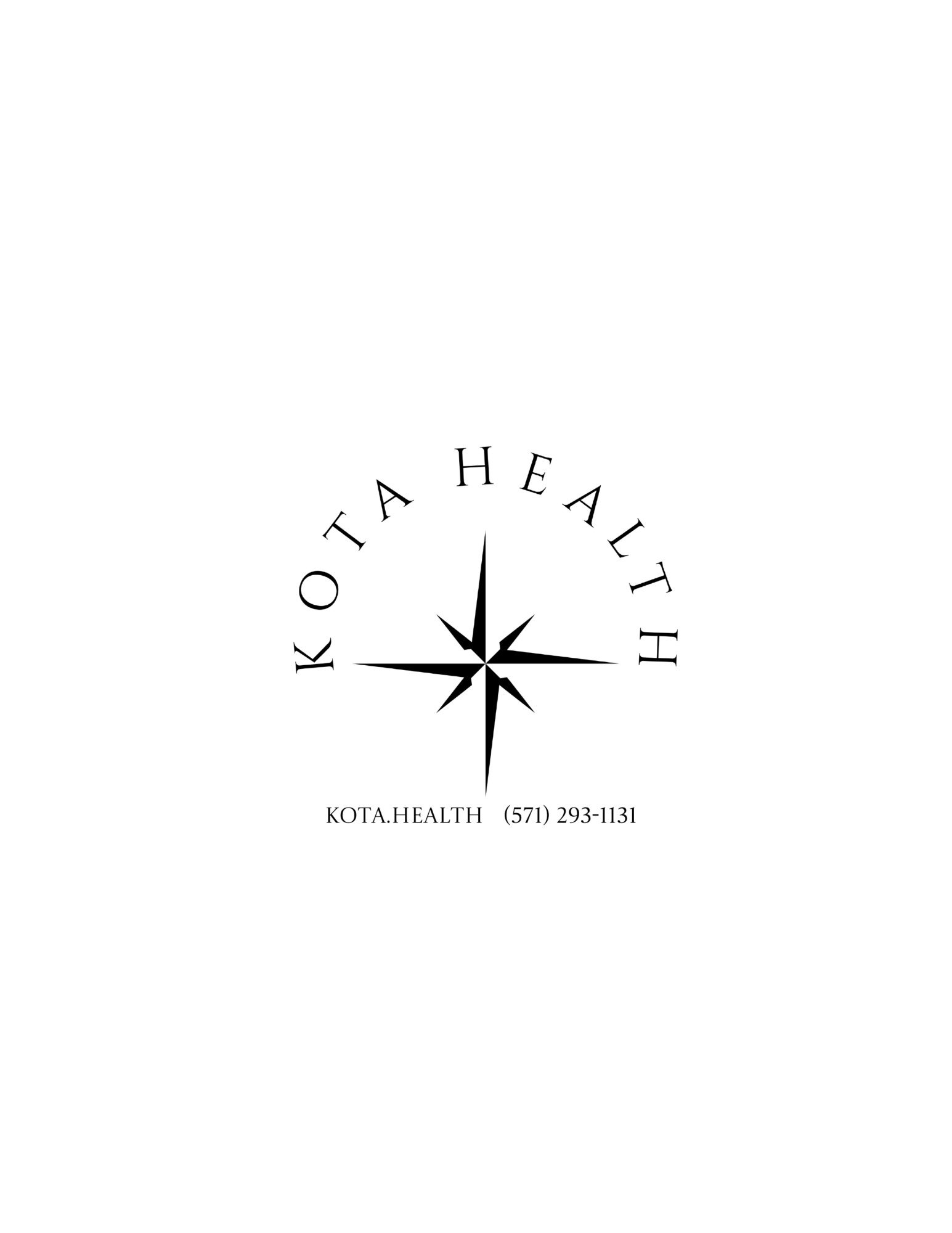 Kota Health logo with a compass design, text around it, and contact information below.