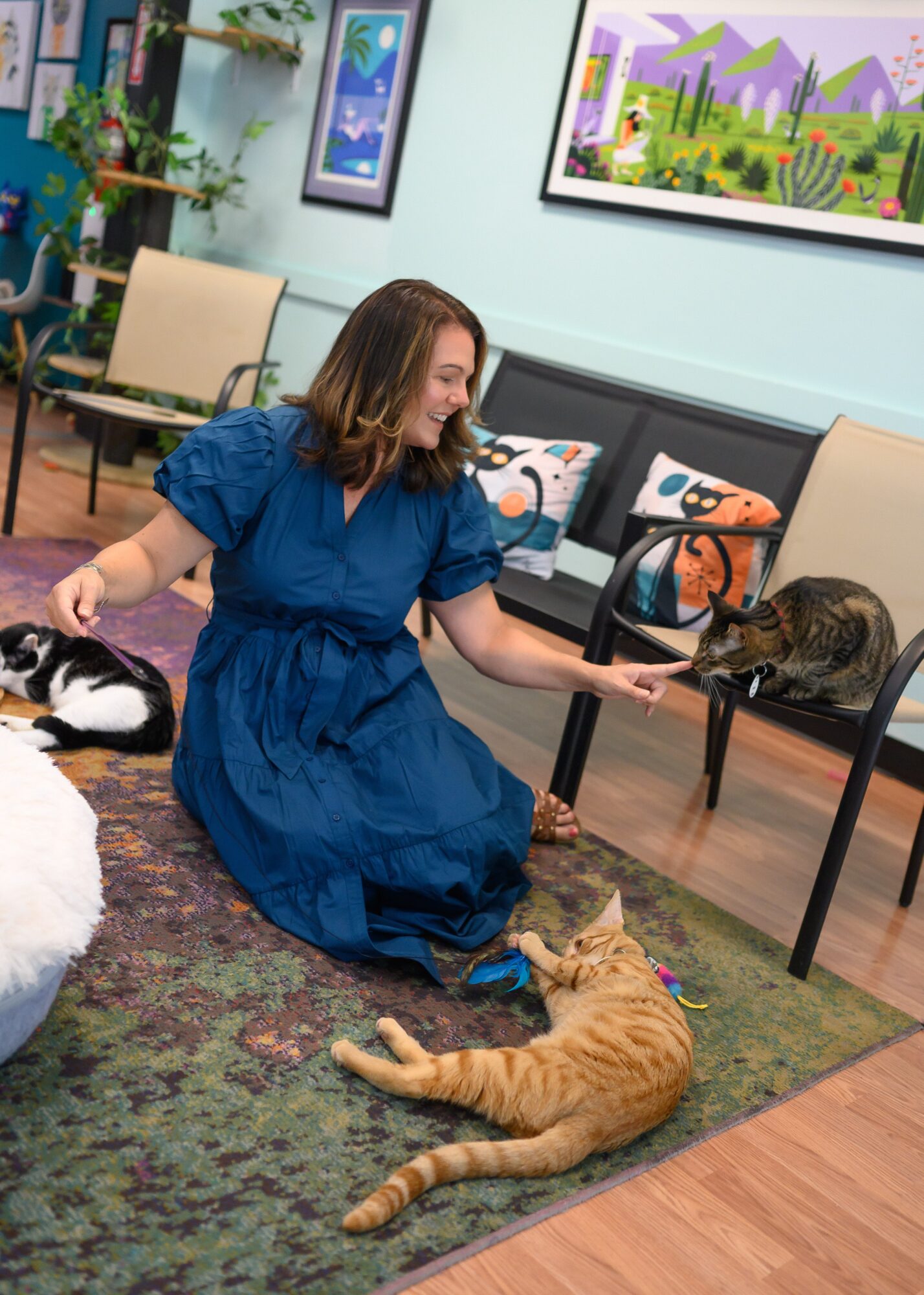 Woman in blue dress sitting on floor with three cats, two on chairs and one lying on rug, in a room with colorful artwork.