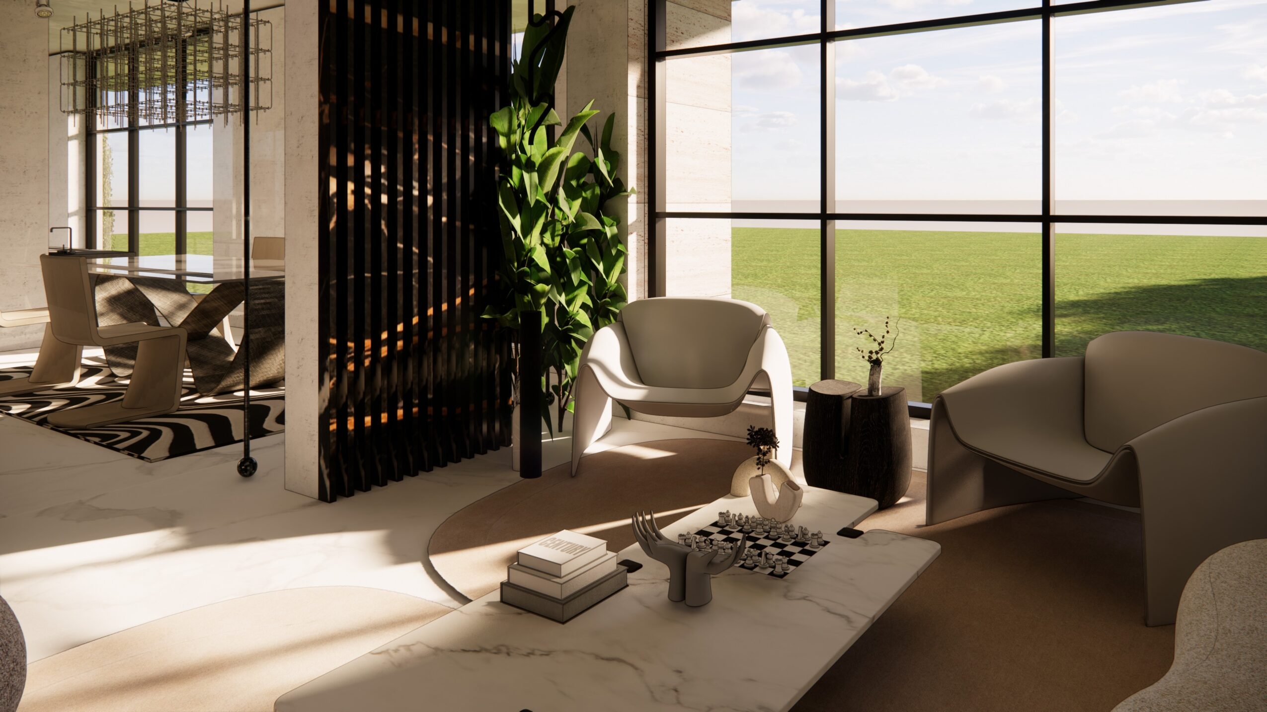 Living room with large windows, modern chairs, a coffee table with books, and a view of green fields outside.