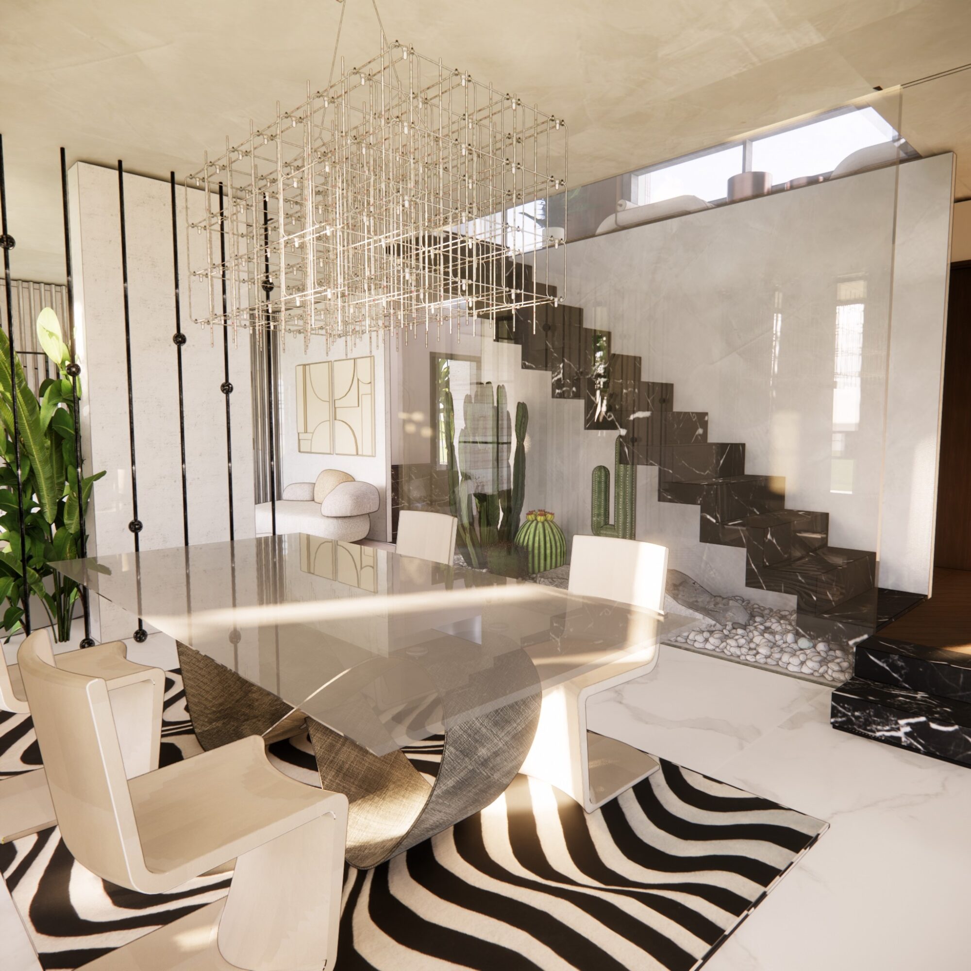 Modern dining area with a white table, four chairs, black and white striped rug, staircase, and decorative plants.