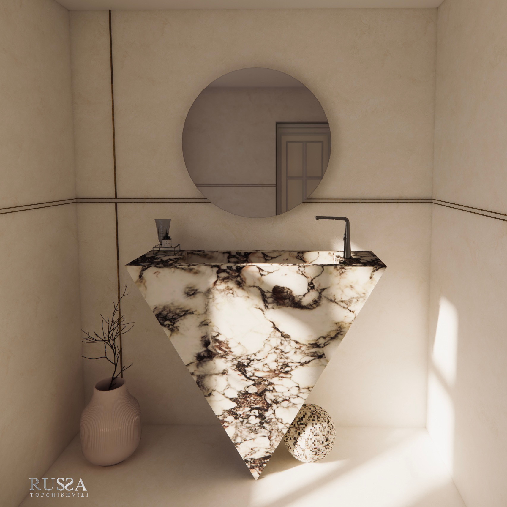 A triangular marble sink with a faucet, a round mirror, a potted plant, and a decorative object in a minimal bathroom.