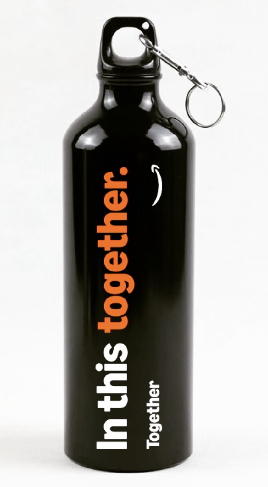 Black water bottle with orange and white text reading