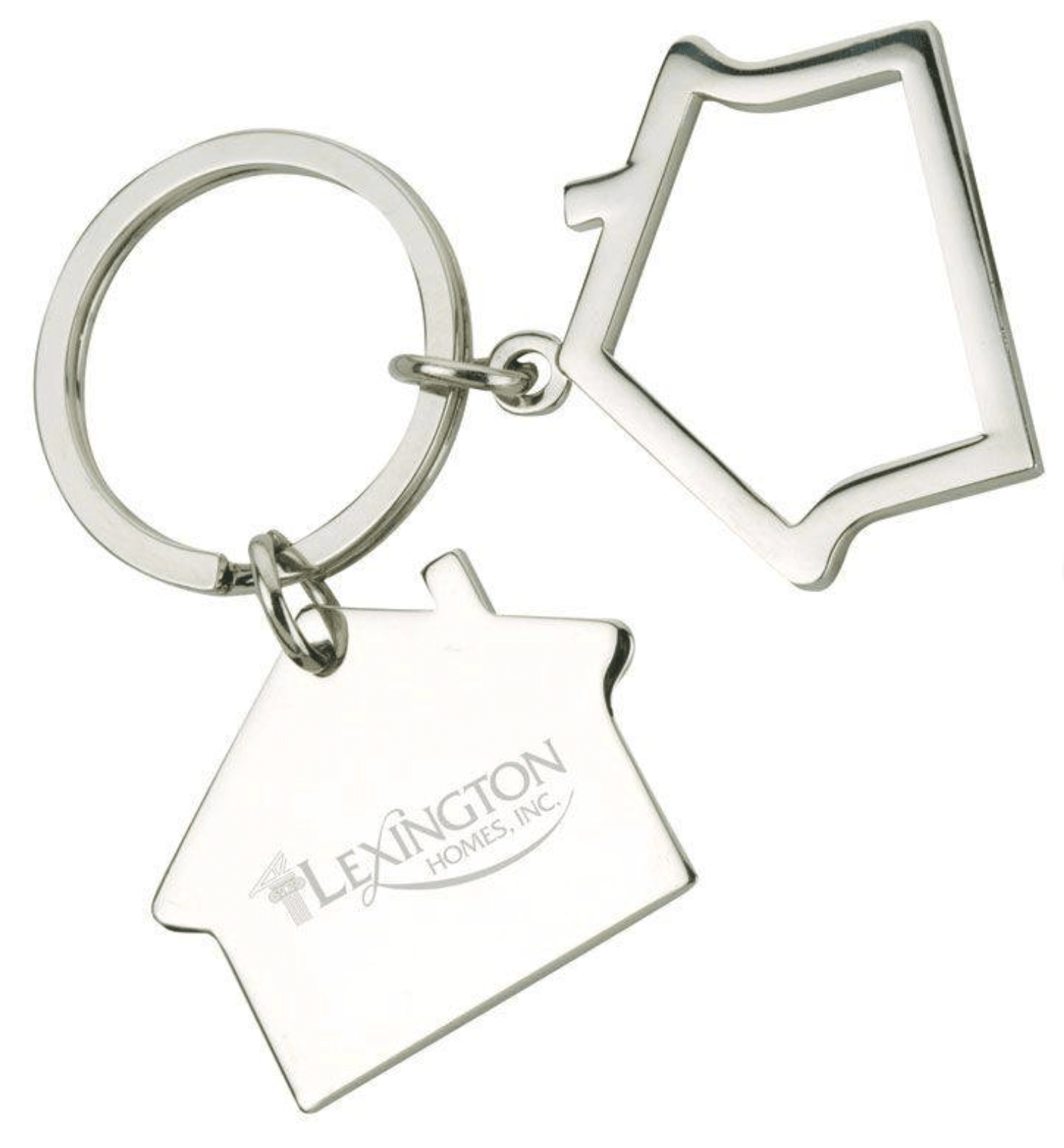 Keychain with a house-shaped metal frame and a house-shaped acrylic tag with 'Lexington Homes, Inc.' printed on it.