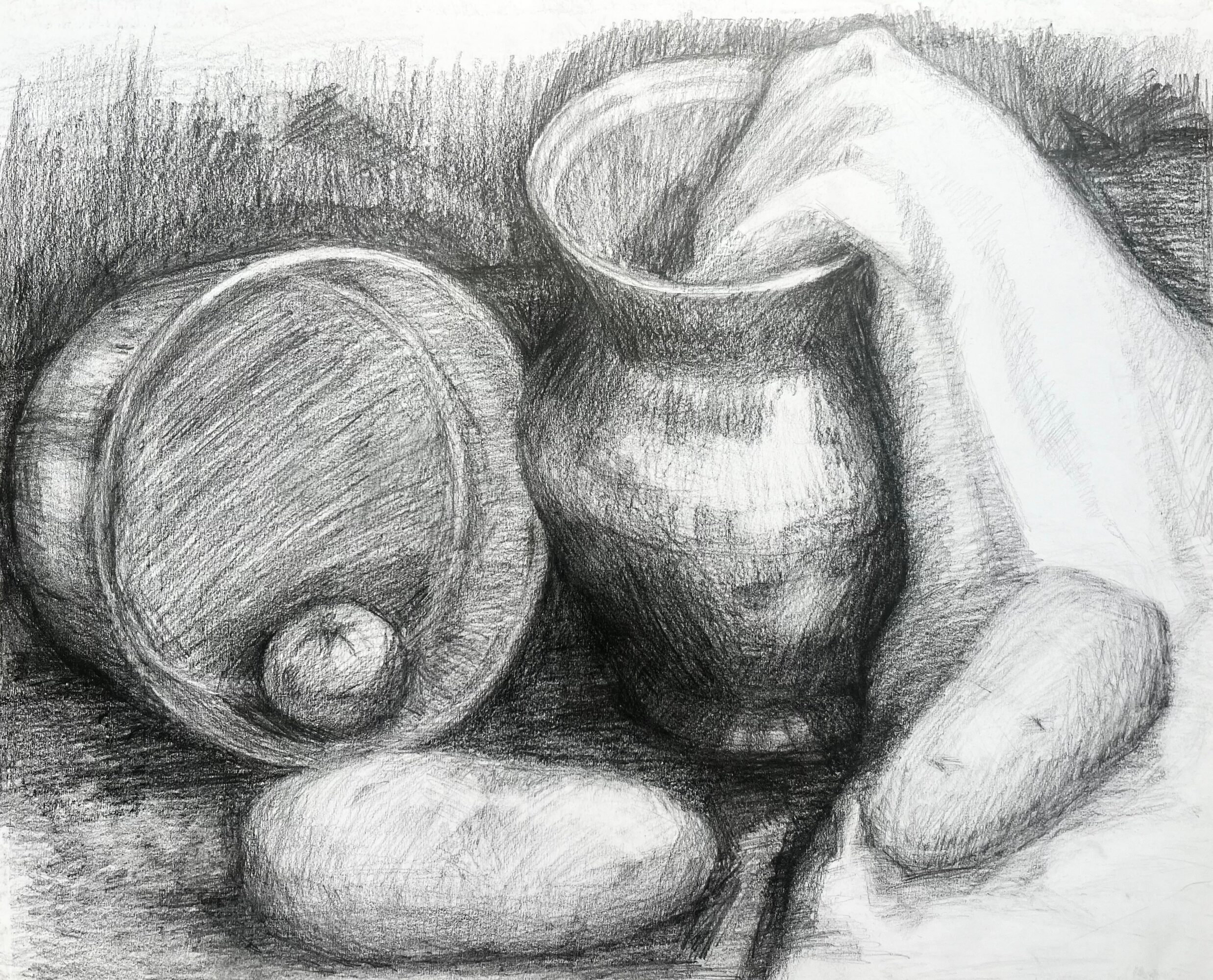 Sketch of a hand holding a cup, with a lid and two stones nearby, in black and white.