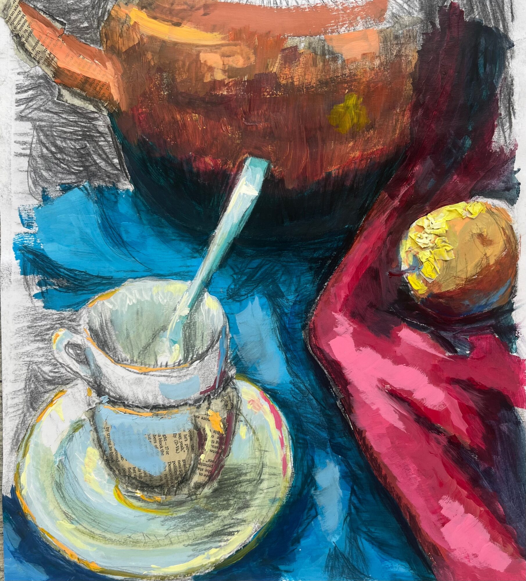 Still life painting of a cup with a spoon, a bowl, and a lemon on a red cloth, with a blue background.
