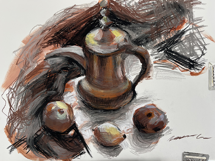 A still life painting of a ceramic pitcher and four apples on a surface, with loose brushstrokes and warm colors.
