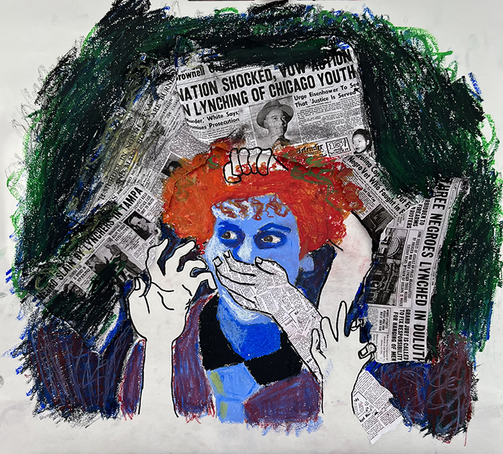 Mixed media artwork of a person with red hair, blue face paint, surrounded by newspaper clippings, with a colorful background.