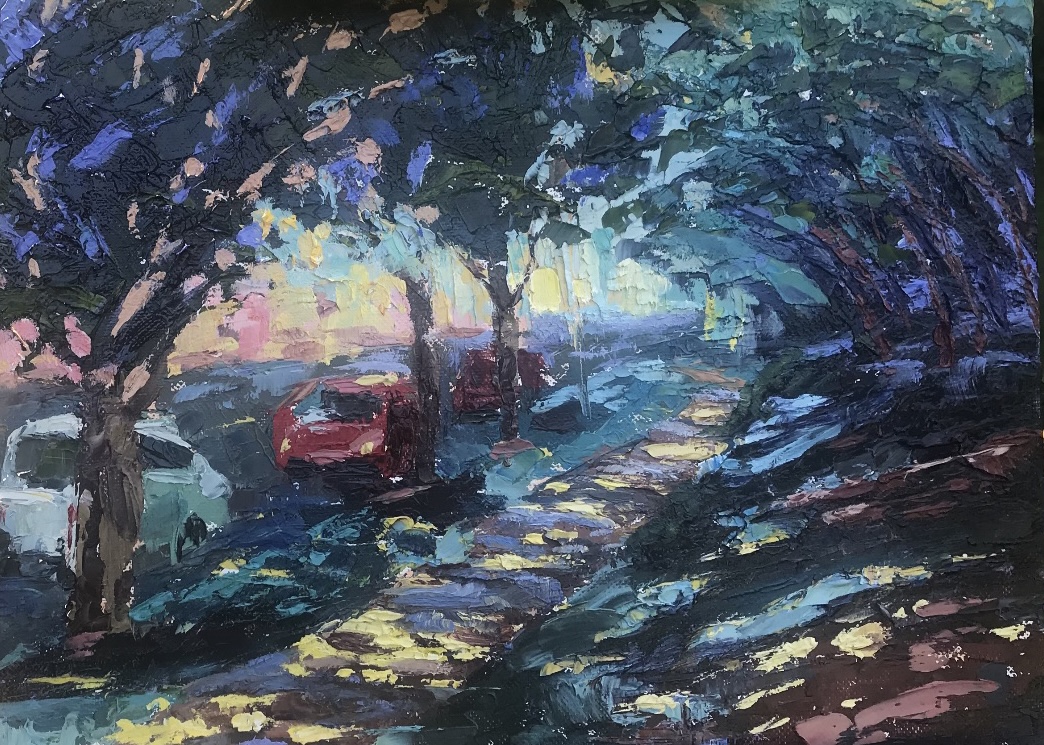 Street scene with trees, parked cars, and a sidewalk, painted in an impressionistic style with vibrant colors.