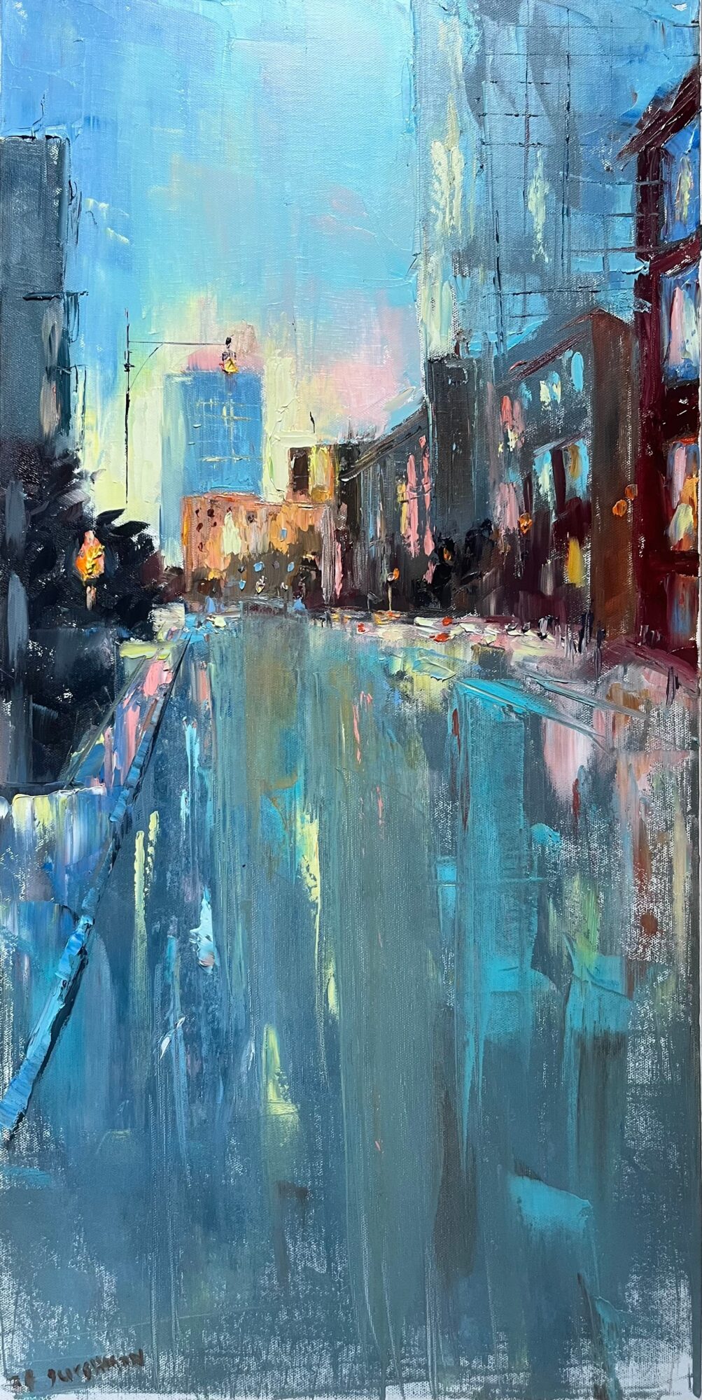 City street scene with buildings, street, and reflections in wet pavement, painted in blue and pink tones.