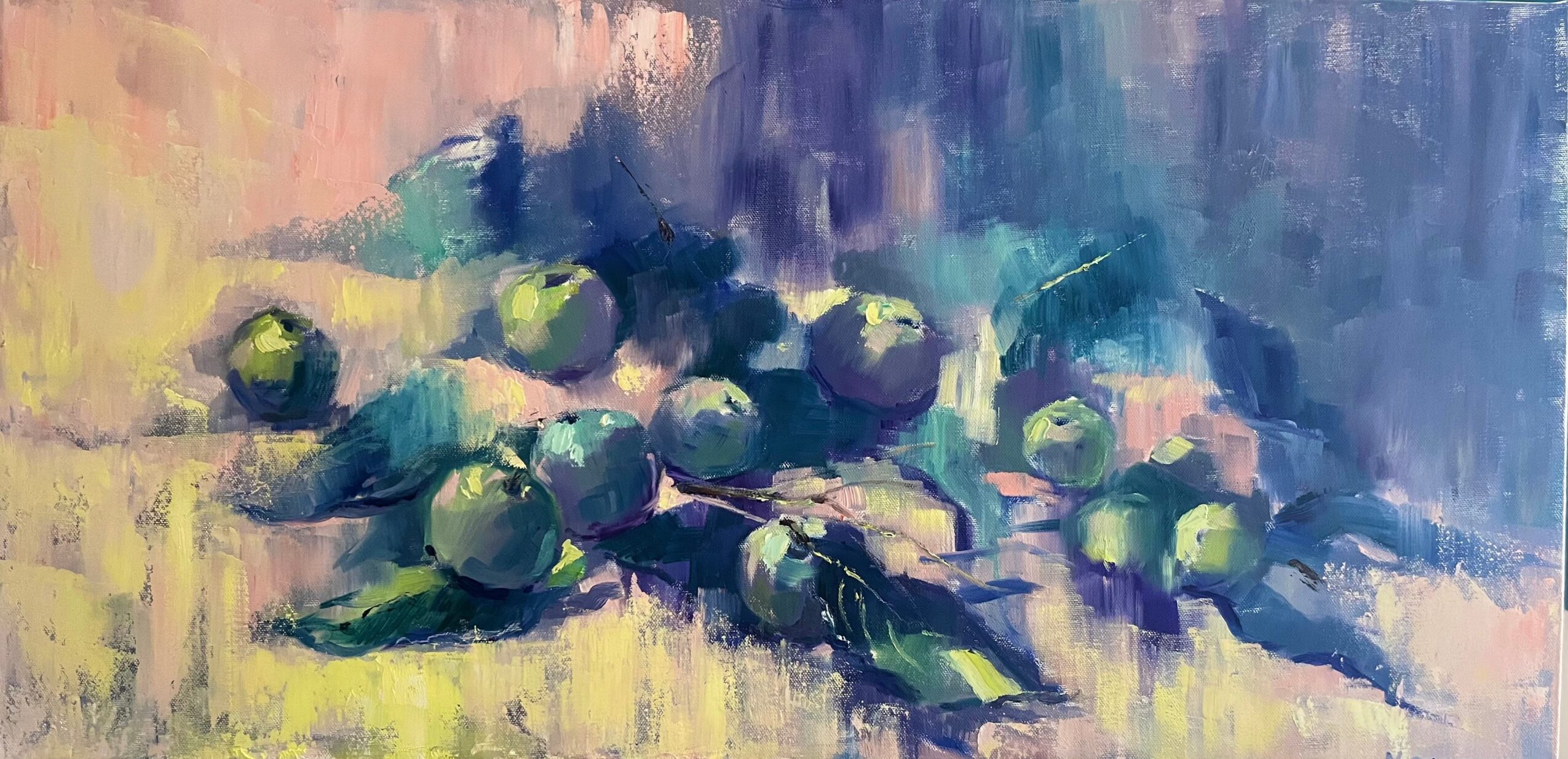 A still life painting of green apples on a surface with a colorful background, using impressionistic brushstrokes.