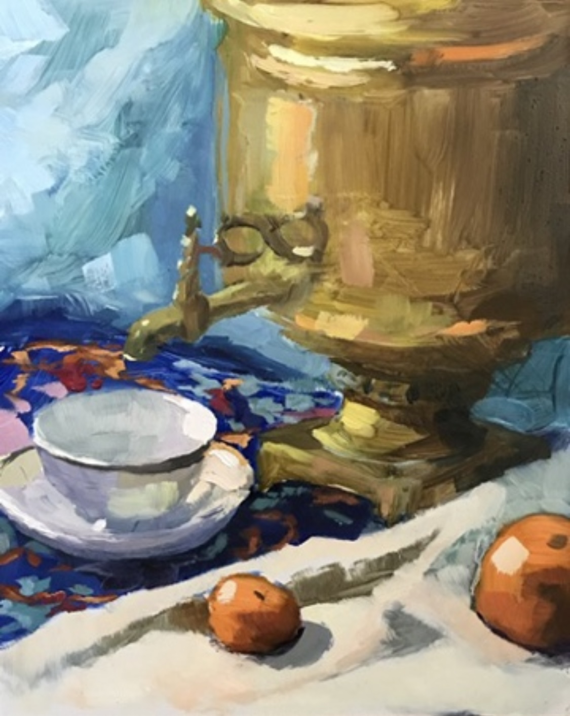Still life with a bowl, two oranges, a blue cloth, and a large jar or vase, painted in an impressionistic style.