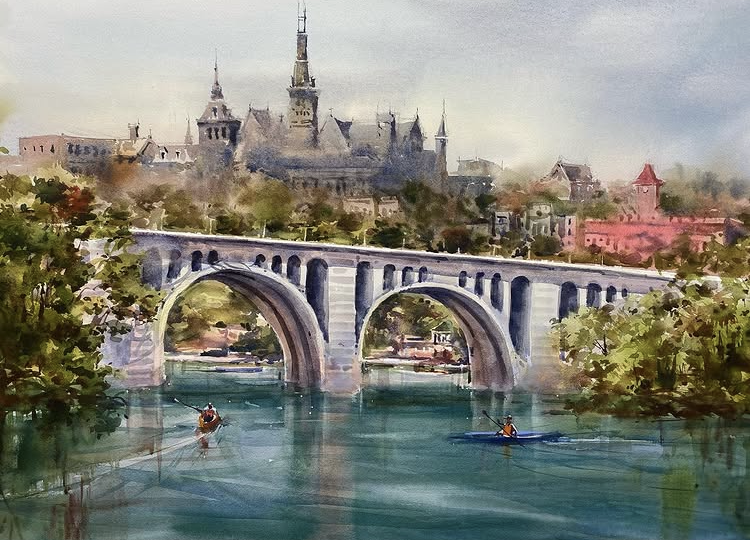 Cityscape with a castle, bridge over river, boats, and trees, painted in watercolor style.