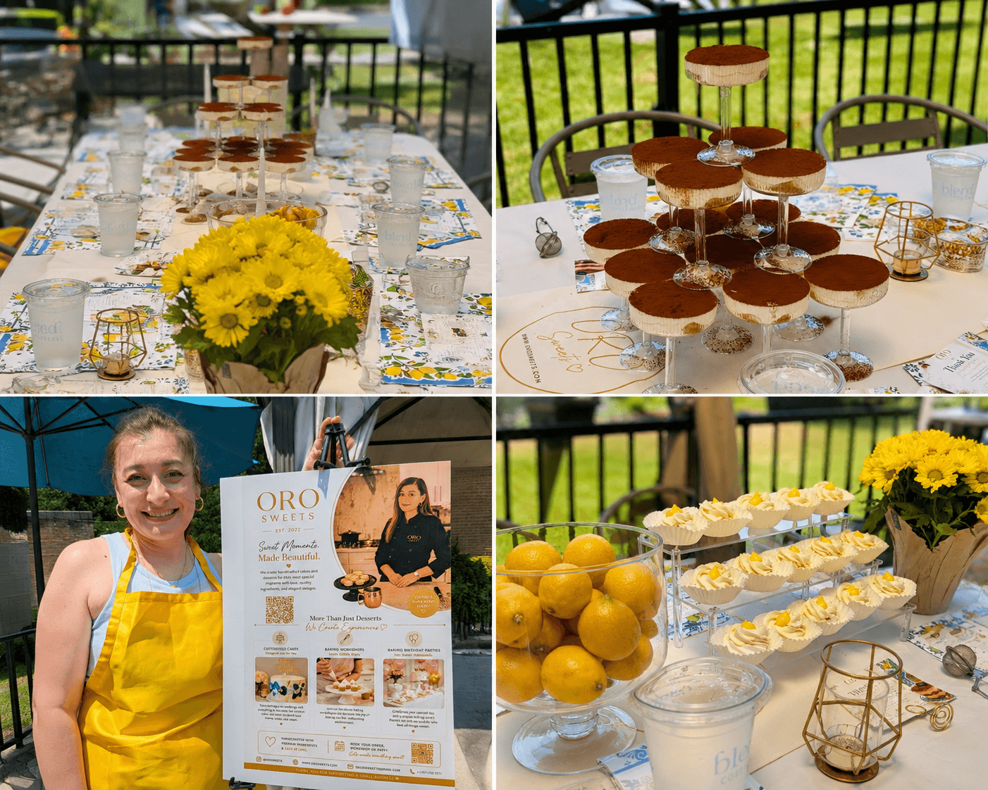 Outdoor event with table settings, desserts, a girl in a yellow apron, and yellow flowers, on a patio with a black fence.