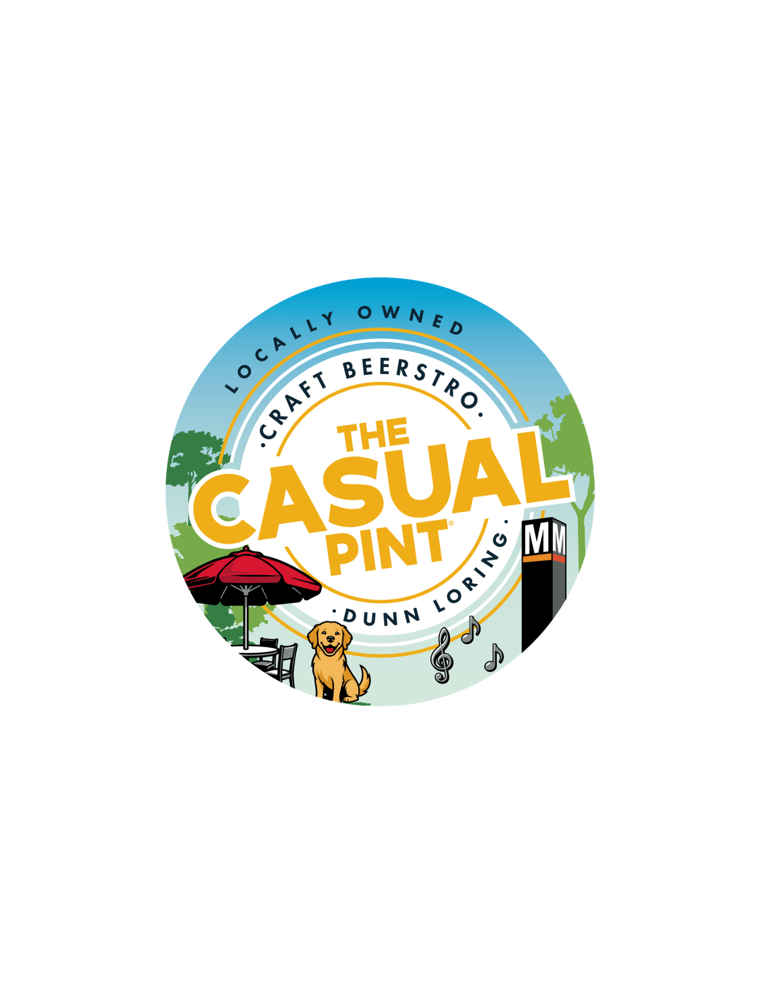 Circular logo with a blue sky, green trees, a dog, and a beer mug, advertising The Casual Pint craft beer store.