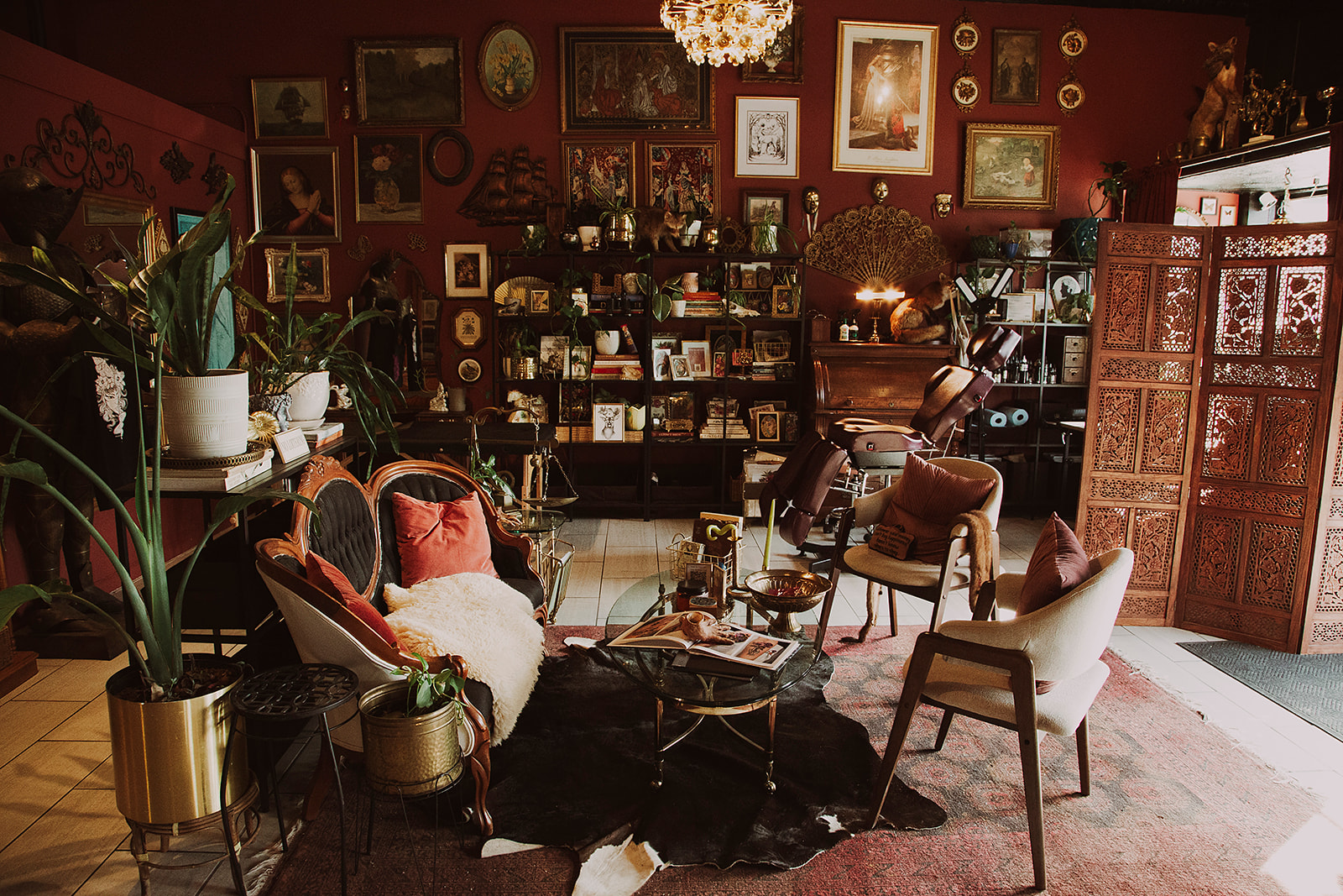 Living room with vintage furniture, framed pictures, plants, and a bookshelf, decorated in warm tones with a large window.