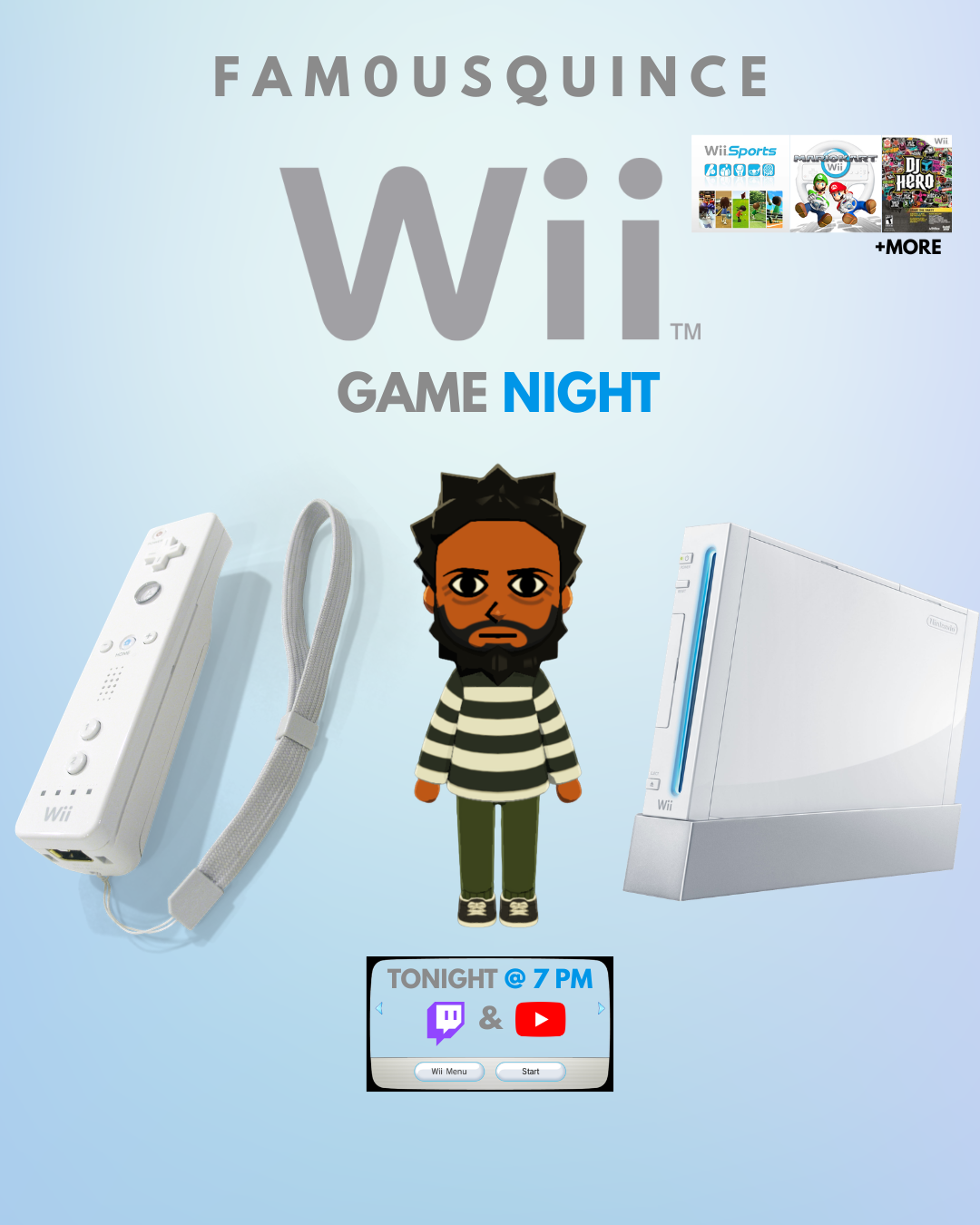 Cover of a Wii game night event with a cartoon character, gaming console, and accessories, scheduled for 7 PM.