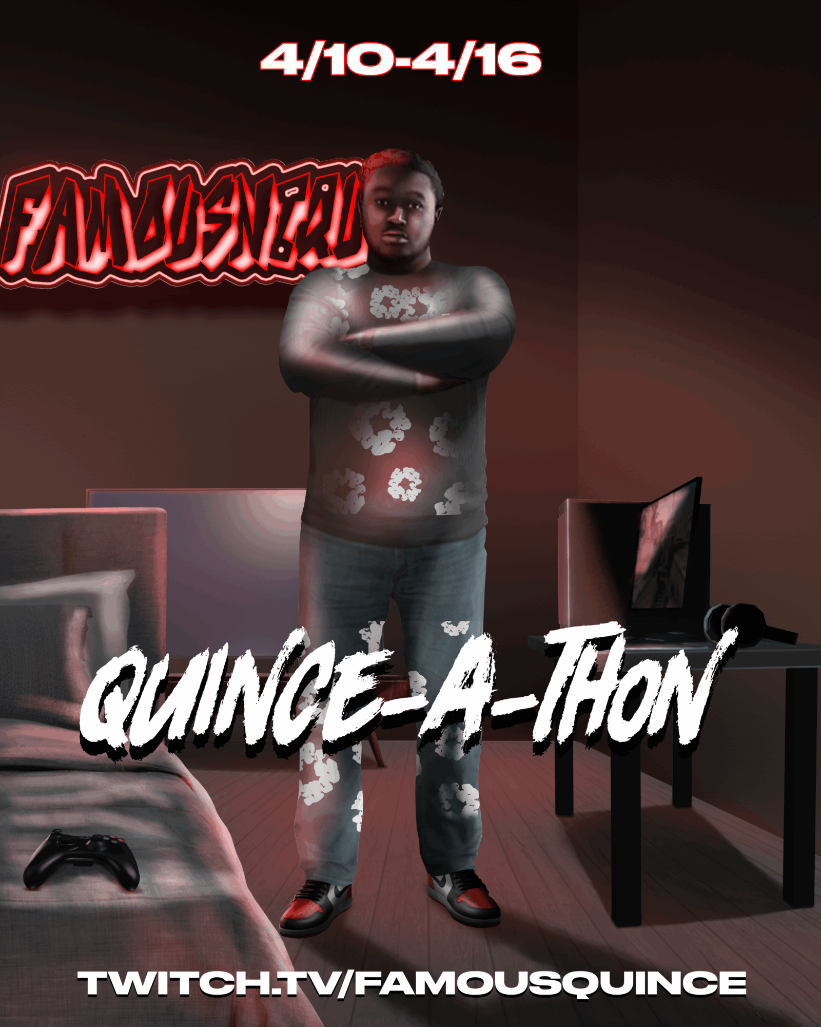 Child standing with arms crossed in a room with a TV and gaming controller, promotional text for an event, 20 words.