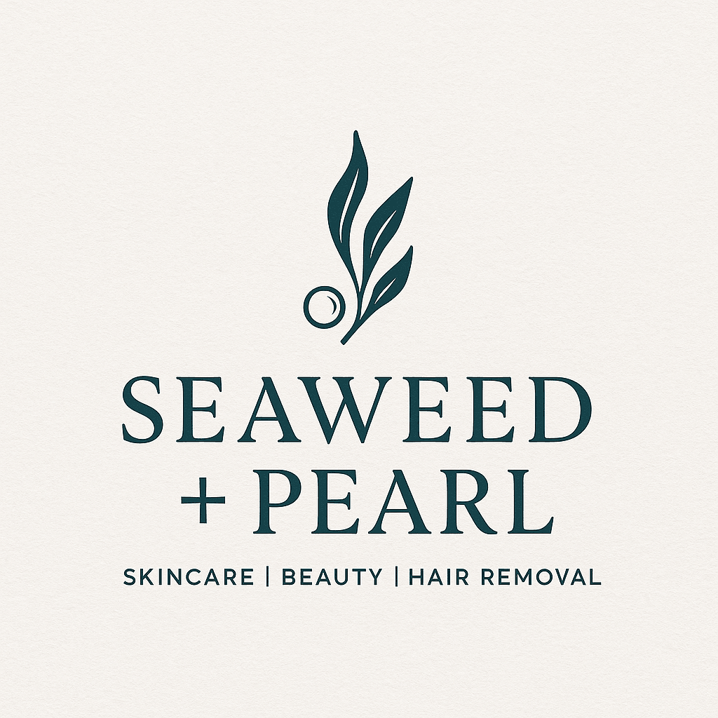 Logo with stylized seaweed and pearl, text reads 'Seaweed + Pearl', services include skincare, beauty, hair removal.