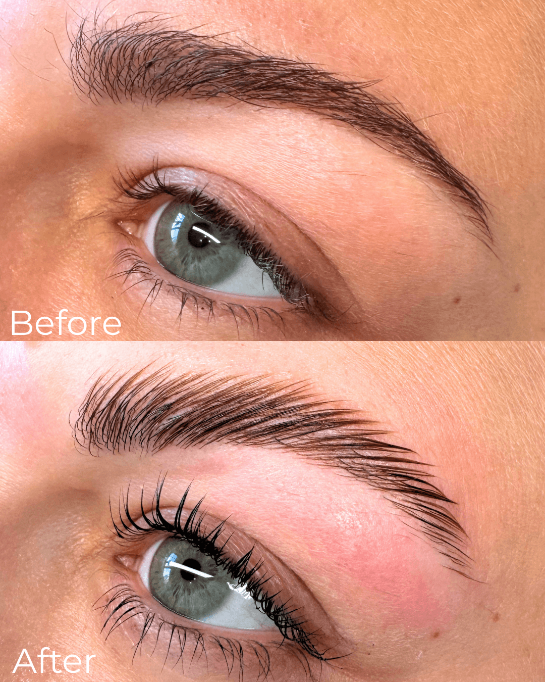 Close-up of a person's eye showing eyebrow grooming before and after eyelash extension application.
