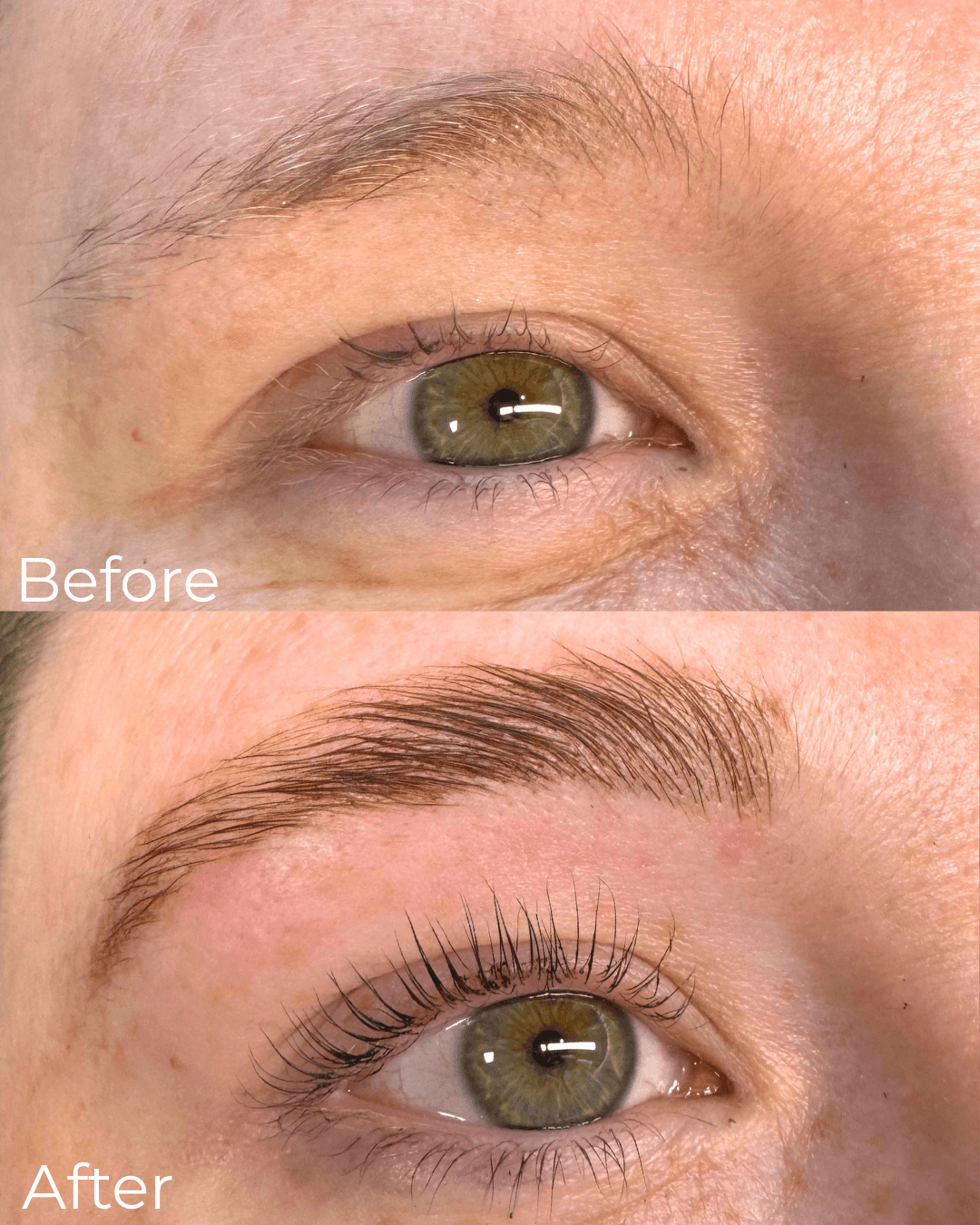 Close-up of a person's eye showing before and after eyebrow grooming, with the after image displaying well-shaped eyebrows and longer eyelashes.
