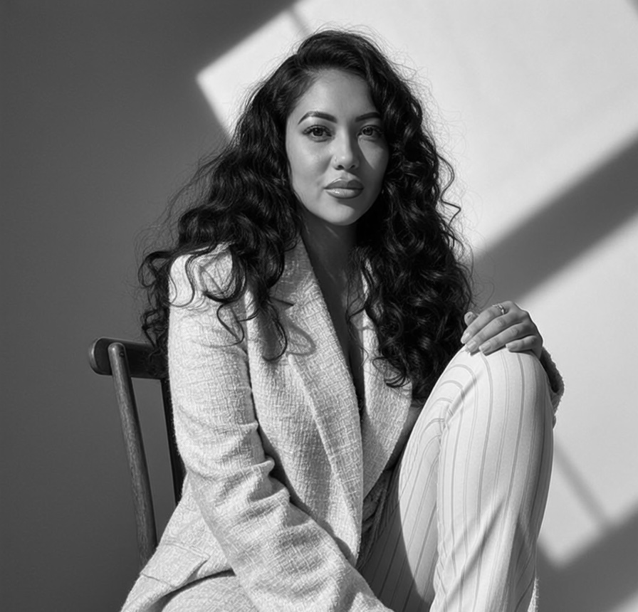 Woman with long curly hair sitting on a chair, wearing a blazer and striped pants, in a studio with shadows.
