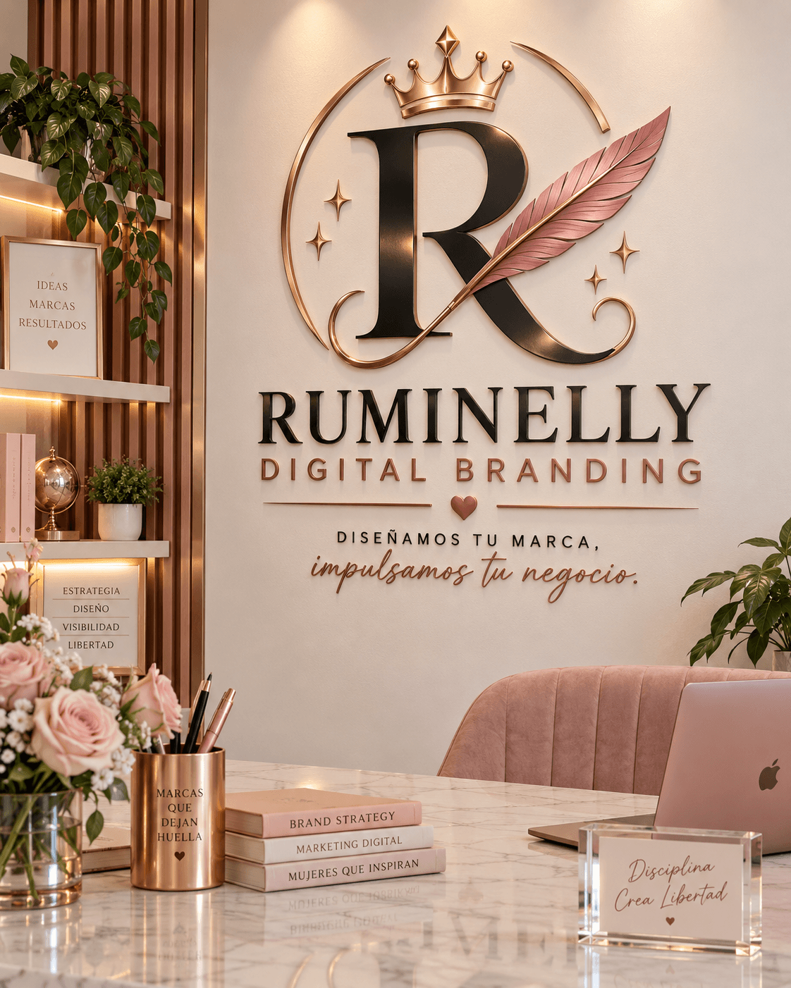 Office wall with logo 'RUMINELLY' and slogan, decorated with plants and shelves, pink chair, and a marble table with books and flowers.