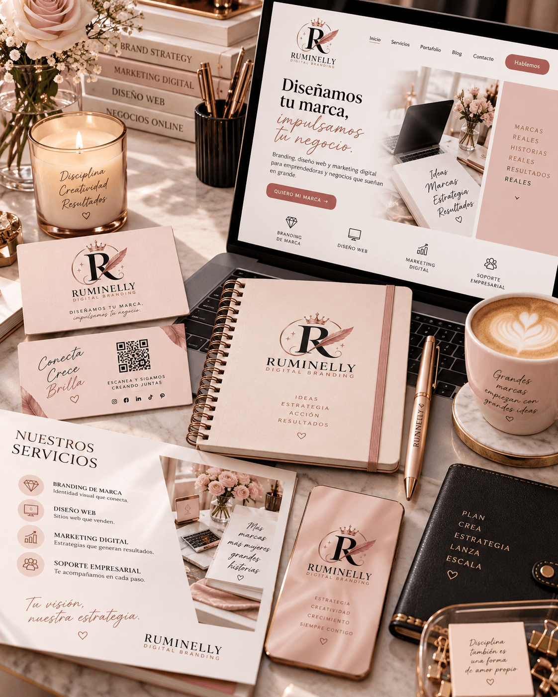 Desk with branding materials, a laptop displaying a website, a notebook, business cards, a cup of coffee, and a pen.